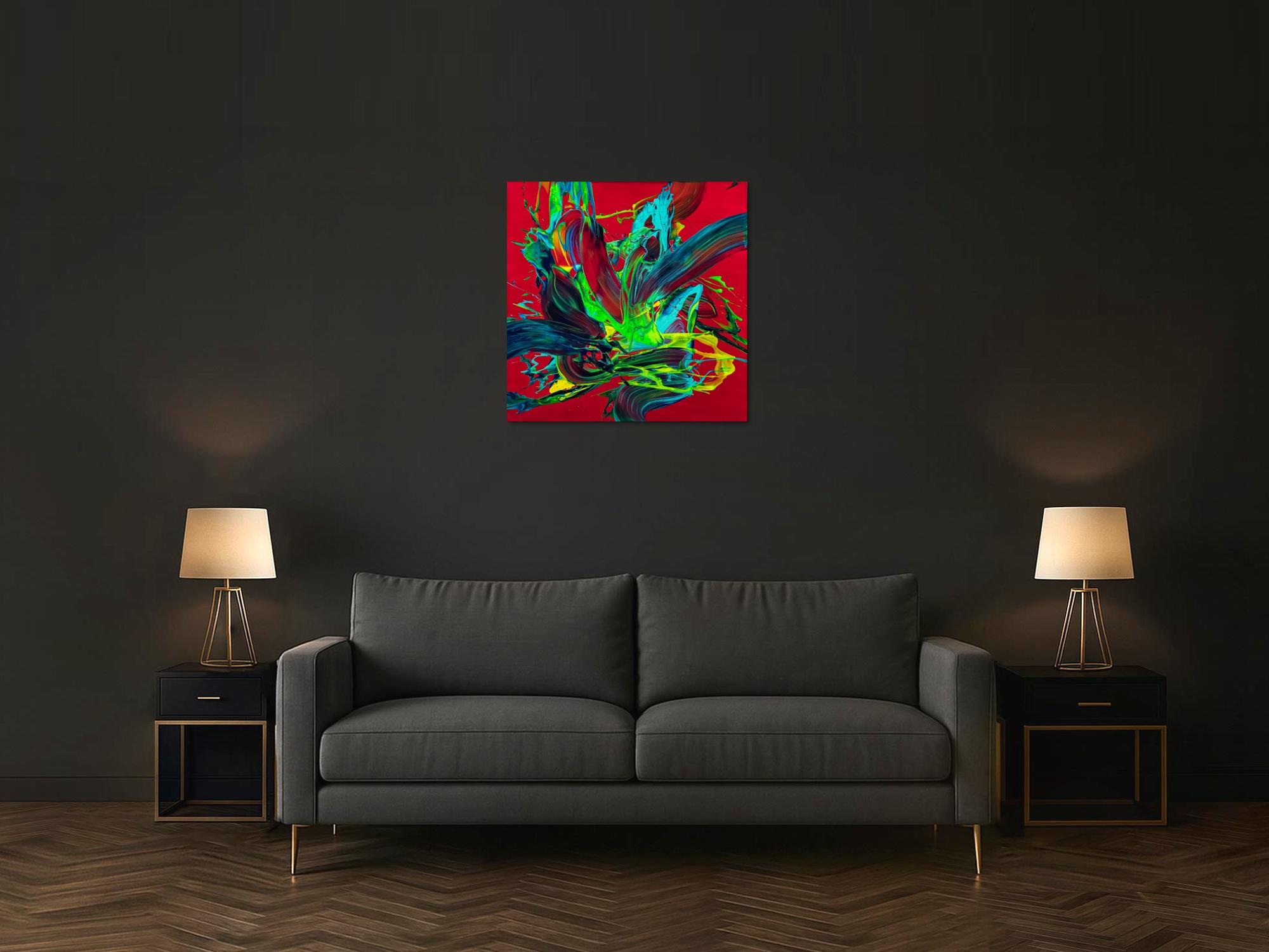 Gemälde Original abstrakt 80x80cm Action Painting zeitgenössisch handgemalt Fluid Painting rot hellgrün türkis einzigartig