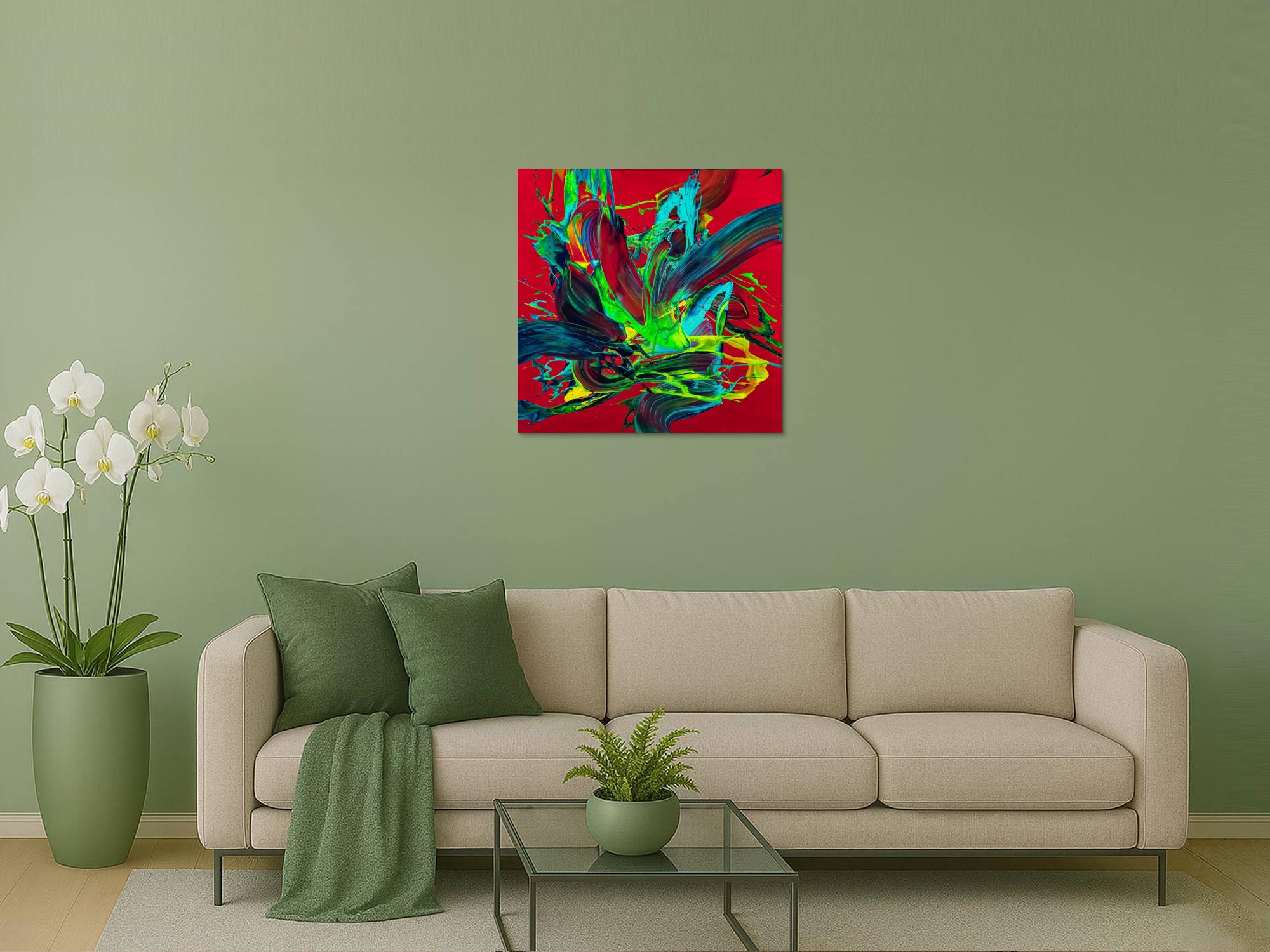 Gemälde Original abstrakt 80x80cm Action Painting zeitgenössisch handgemalt Fluid Painting rot hellgrün türkis einzigartig