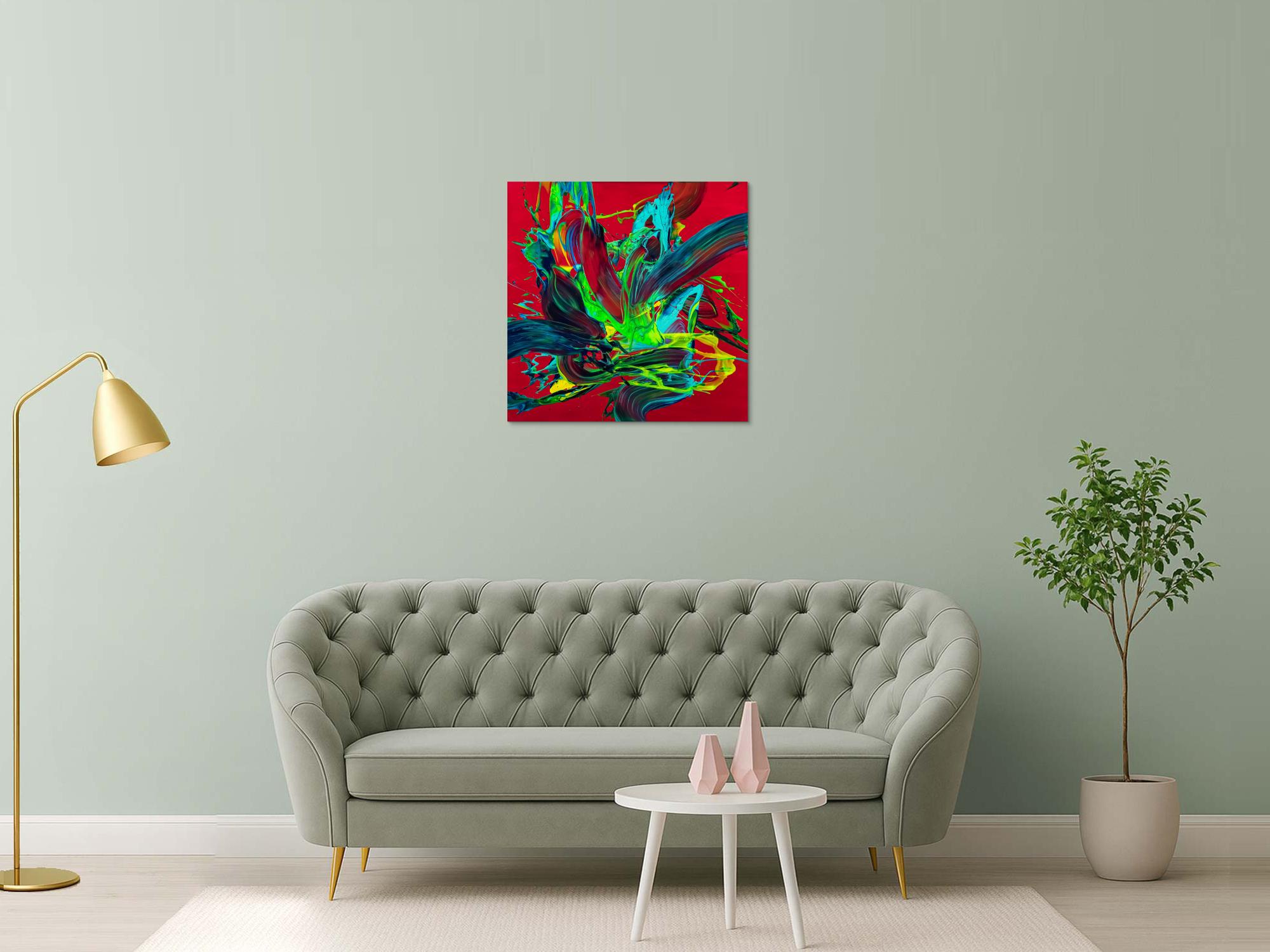 Gemälde Original abstrakt 80x80cm Action Painting zeitgenössisch handgemalt Fluid Painting rot hellgrün türkis einzigartig