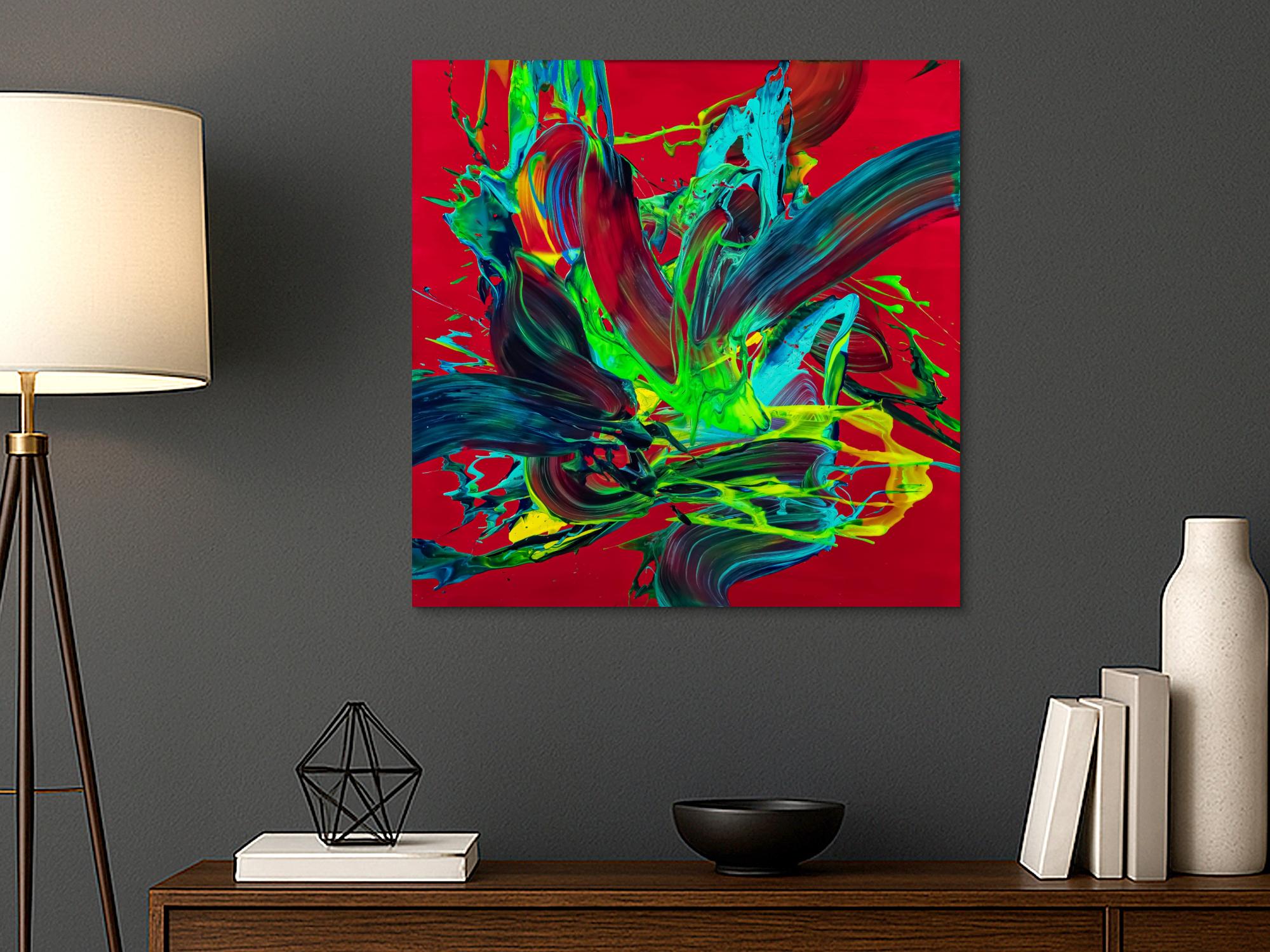 Gemälde Original abstrakt 80x80cm Action Painting zeitgenössisch handgemalt Fluid Painting rot hellgrün türkis einzigartig