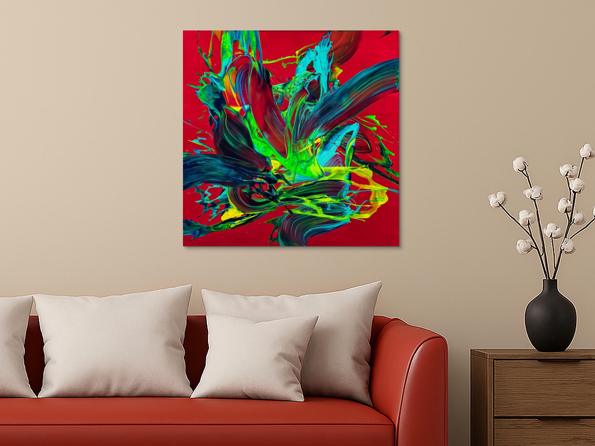 Gemälde Original abstrakt 80x80cm Action Painting zeitgenössisch handgemalt Fluid Painting rot hellgrün türkis einzigartig