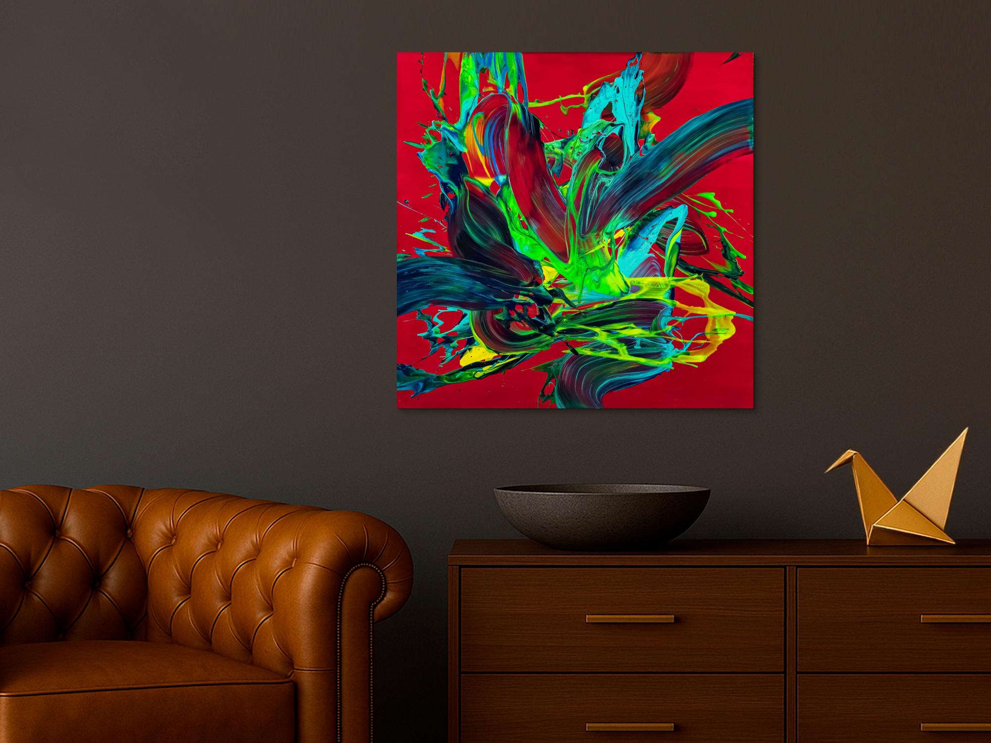 Gemälde Original abstrakt 80x80cm Action Painting zeitgenössisch handgemalt Fluid Painting rot hellgrün türkis einzigartig