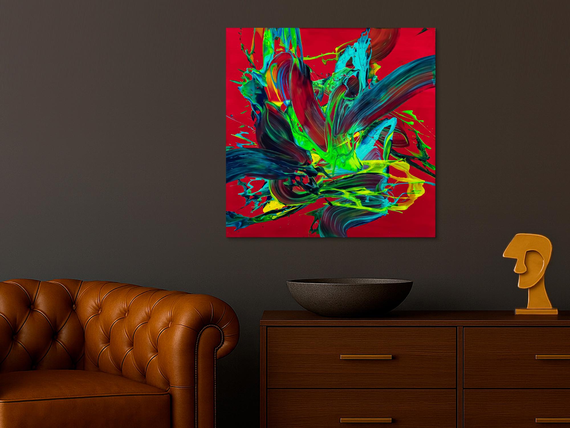 Gemälde Original abstrakt 80x80cm Action Painting zeitgenössisch handgemalt Fluid Painting rot hellgrün türkis einzigartig