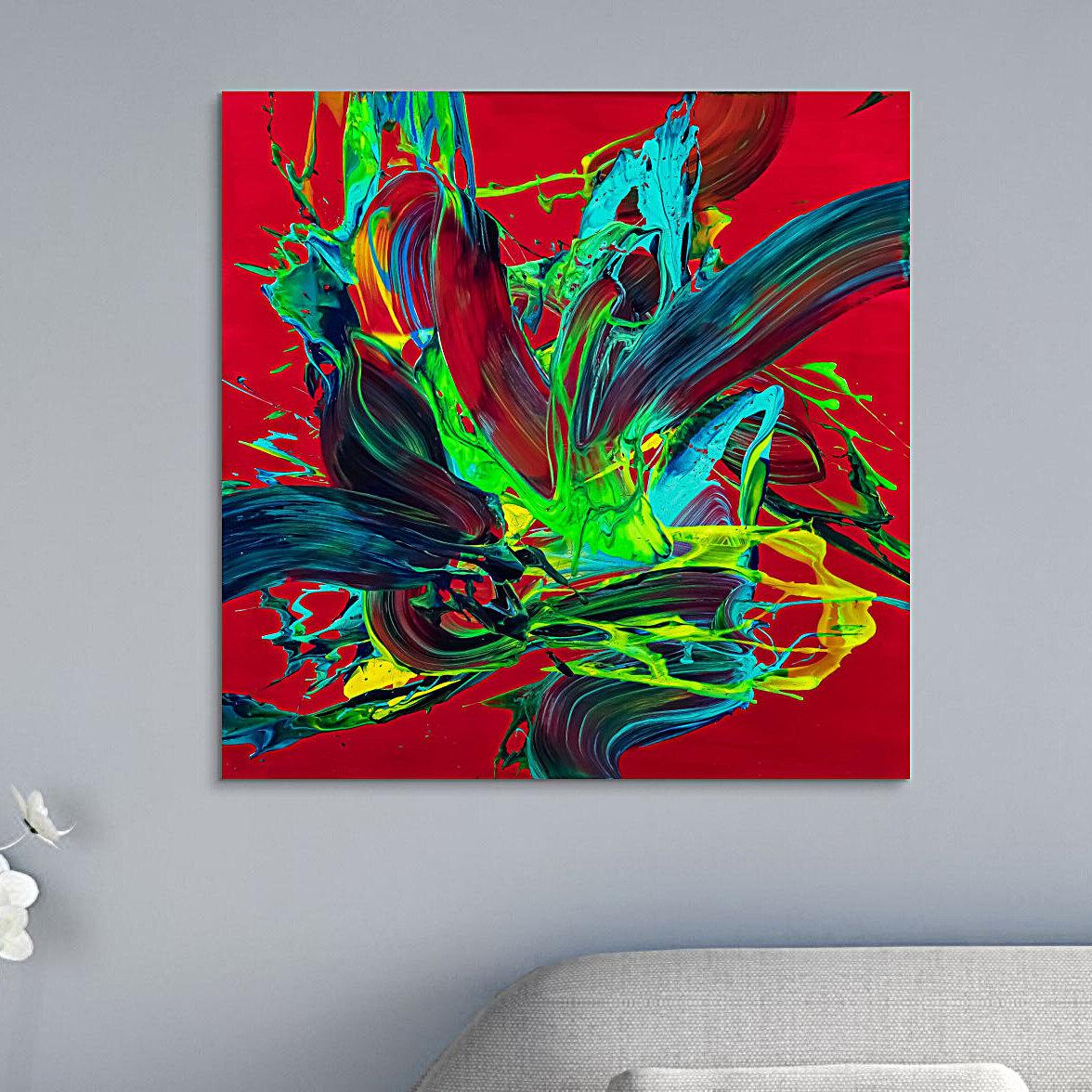 Gemälde Original abstrakt 80x80cm Action Painting zeitgenössisch handgemalt Fluid Painting rot hellgrün türkis einzigartig