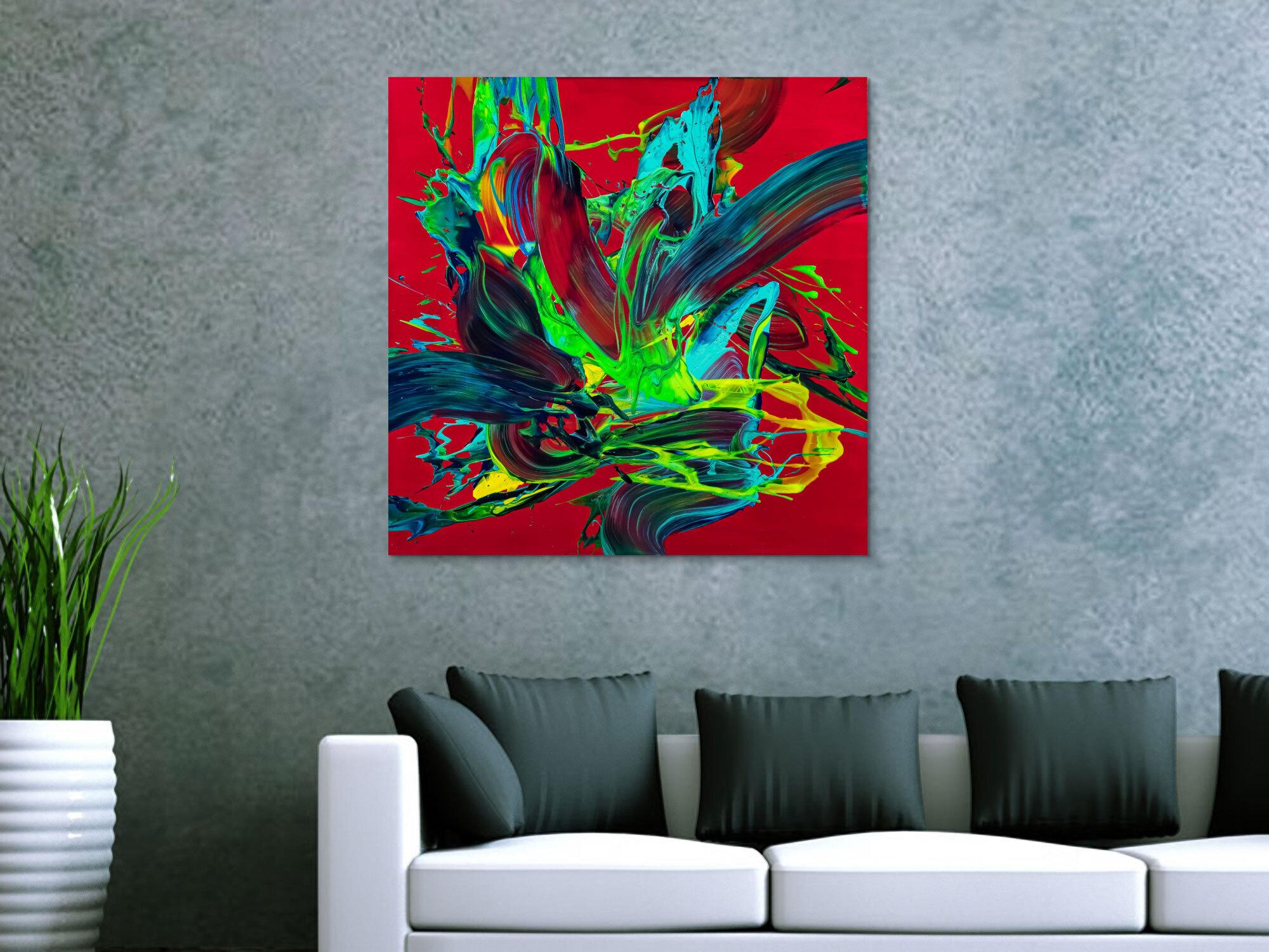 Gemälde Original abstrakt 80x80cm Action Painting zeitgenössisch handgemalt Fluid Painting rot hellgrün türkis einzigartig