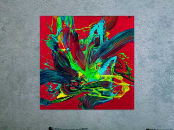 Gemälde Original abstrakt 80x80cm Action Painting zeitgenössisch handgemalt Fluid Painting rot hellgrün türkis einzigartig