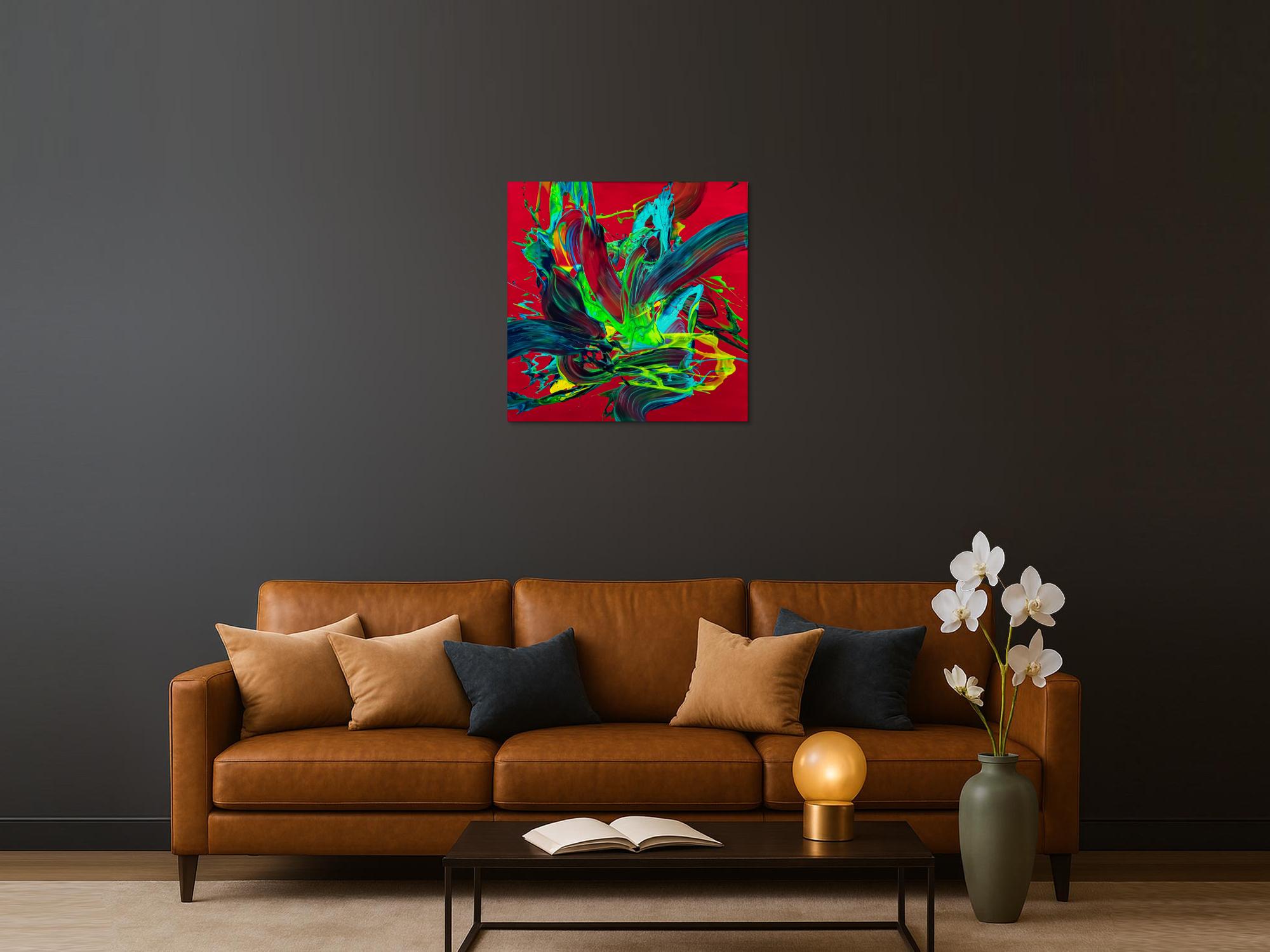 Gemälde Original abstrakt 80x80cm Action Painting zeitgenössisch handgemalt Fluid Painting rot hellgrün türkis einzigartig