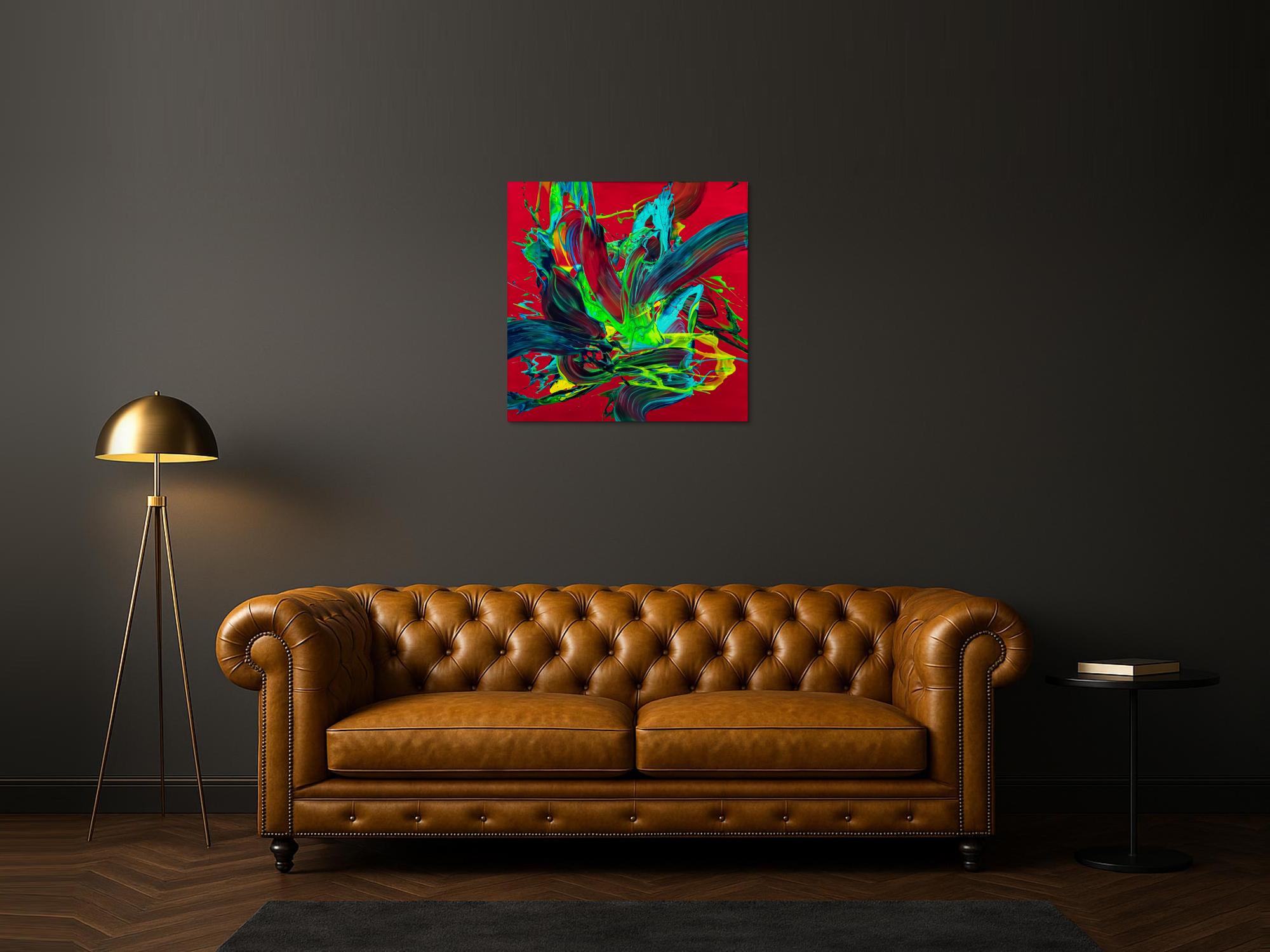 Gemälde Original abstrakt 80x80cm Action Painting zeitgenössisch handgemalt Fluid Painting rot hellgrün türkis einzigartig