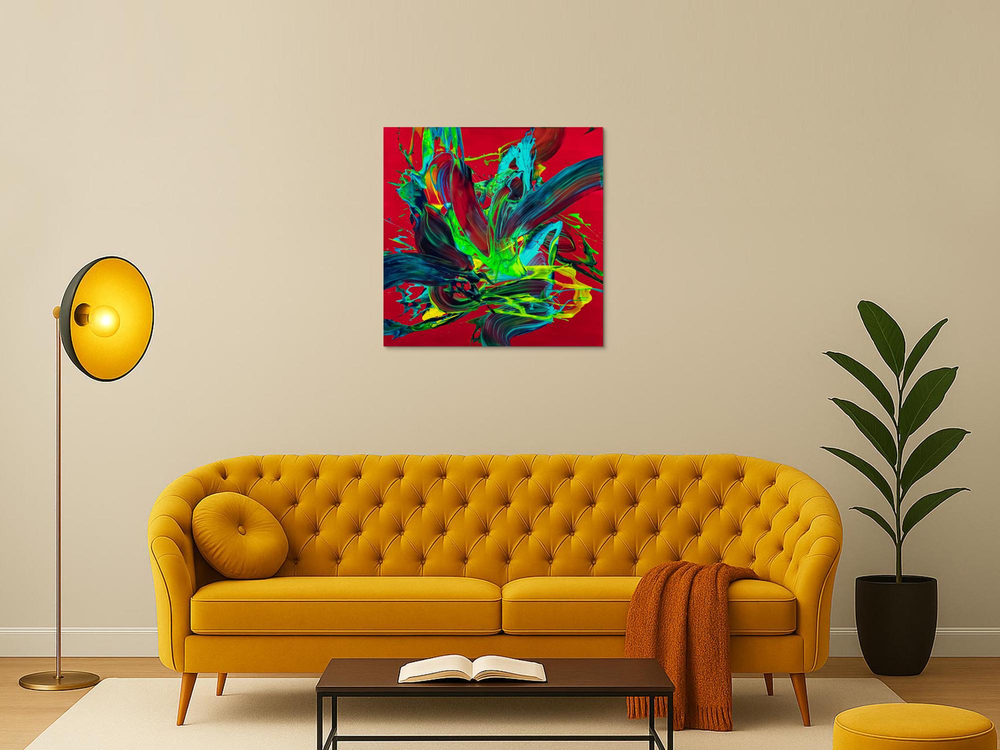 Gemälde Original abstrakt 80x80cm Action Painting zeitgenössisch handgemalt Fluid Painting rot hellgrün türkis einzigartig