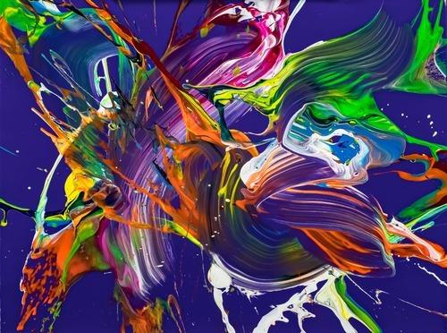 Abstraktes Original Gemälde 60x80cm Action Painting expressionistisch handgefertigt Mischtechnik NEON Farben violett bunt orange