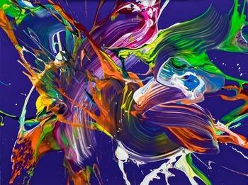 Abstraktes Original Gemälde 60x80cm Action Painting expressionistisch handgefertigt Mischtechnik NEON Farben violett bunt orange