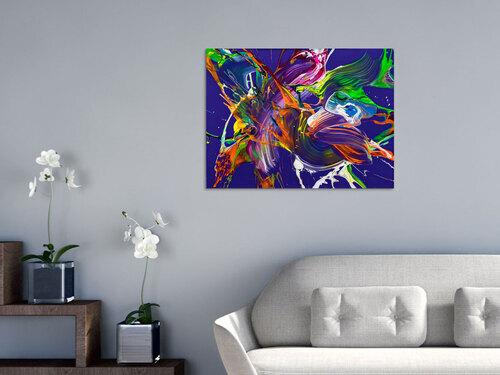 Abstraktes Original Gemälde 60x80cm Action Painting expressionistisch handgefertigt Mischtechnik NEON Farben violett bunt orange