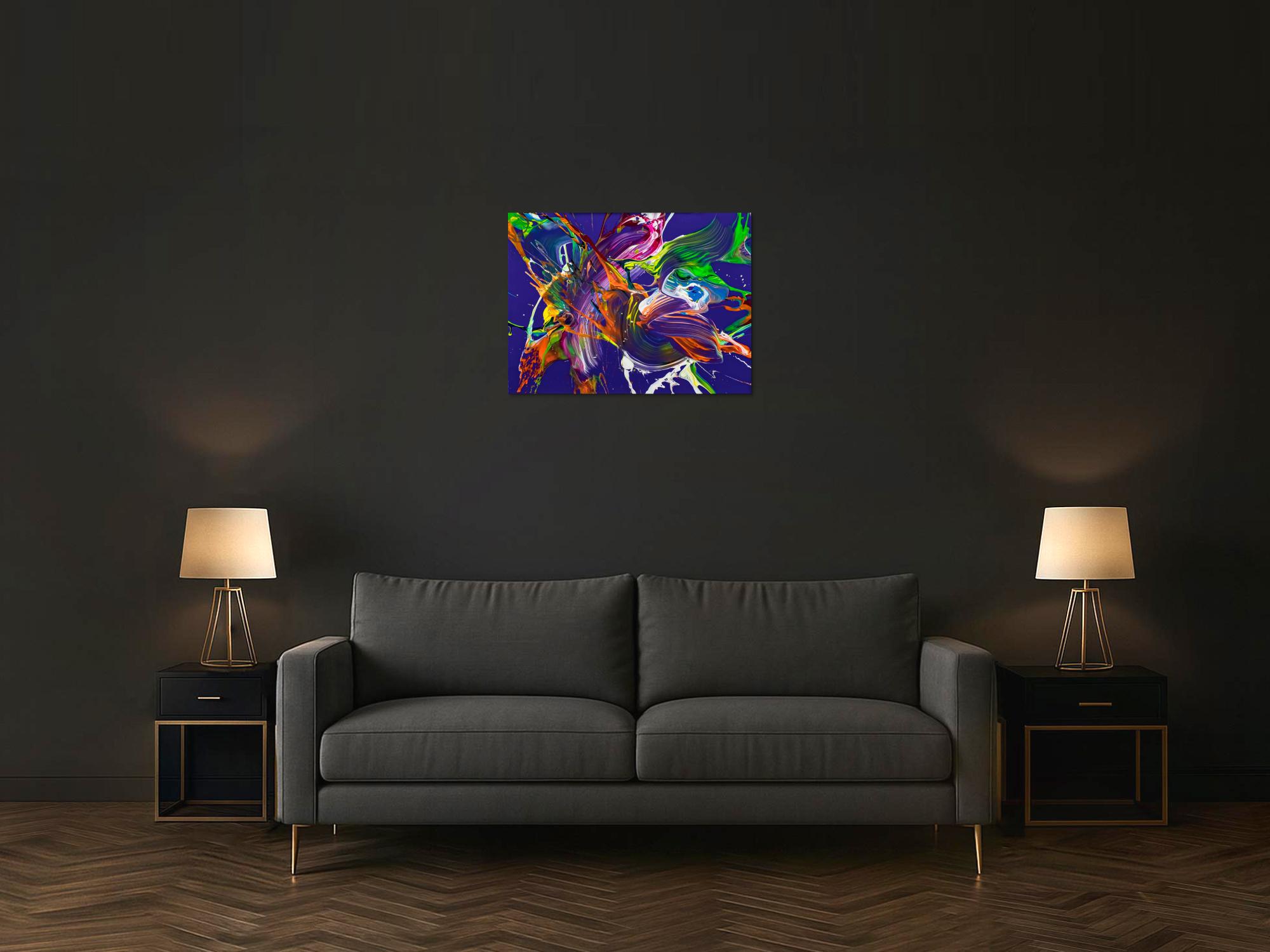 Abstraktes Original Gemälde 60x80cm Action Painting expressionistisch handgefertigt Mischtechnik NEON Farben violett bunt orange