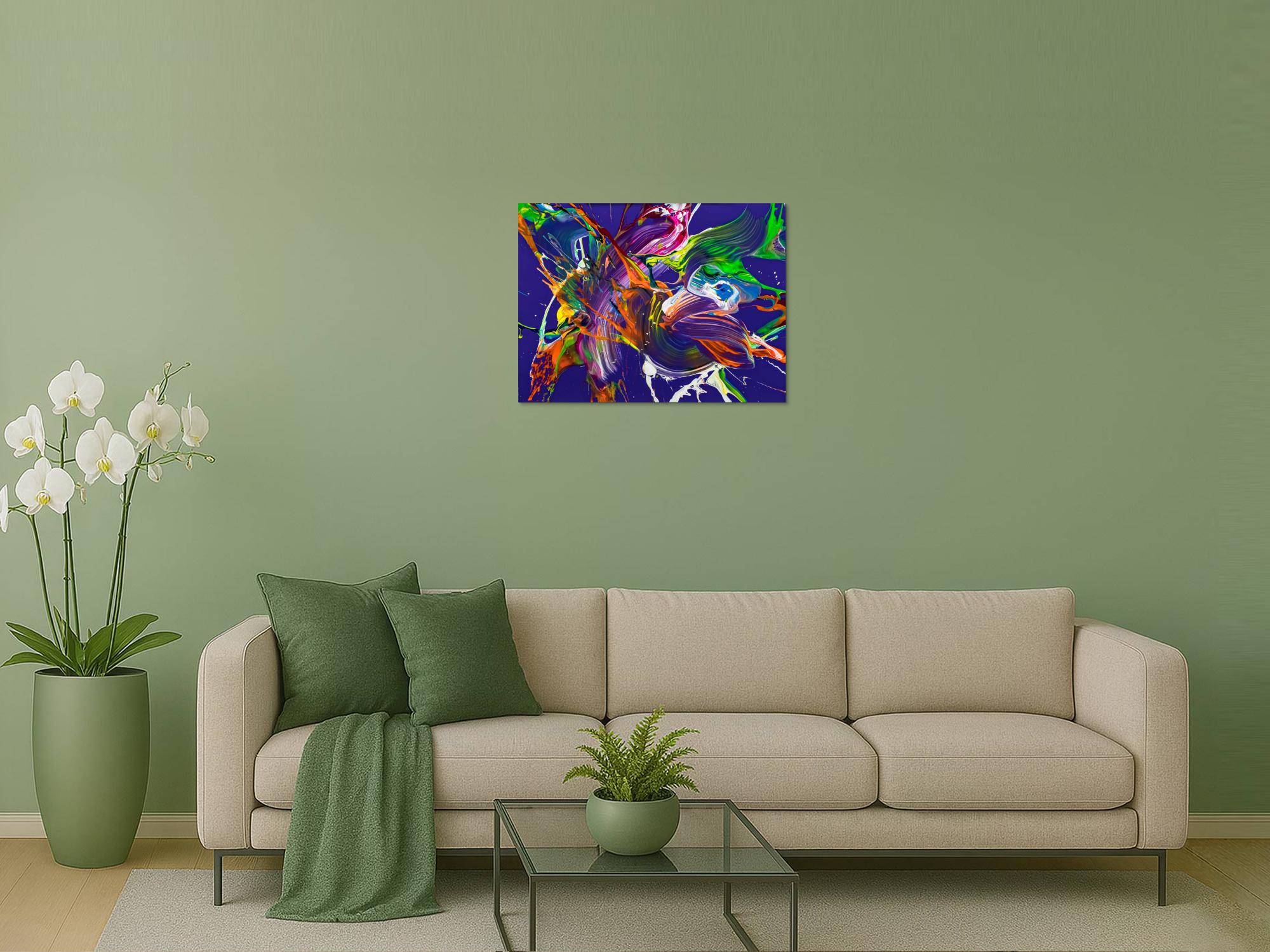 Abstraktes Original Gemälde 60x80cm Action Painting expressionistisch handgefertigt Mischtechnik NEON Farben violett bunt orange