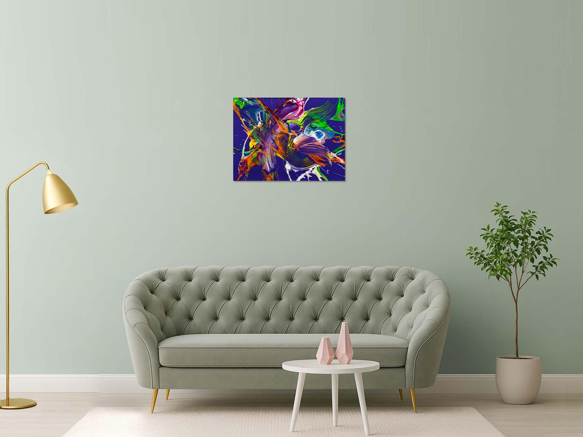 Abstraktes Original Gemälde 60x80cm Action Painting expressionistisch handgefertigt Mischtechnik NEON Farben violett bunt orange