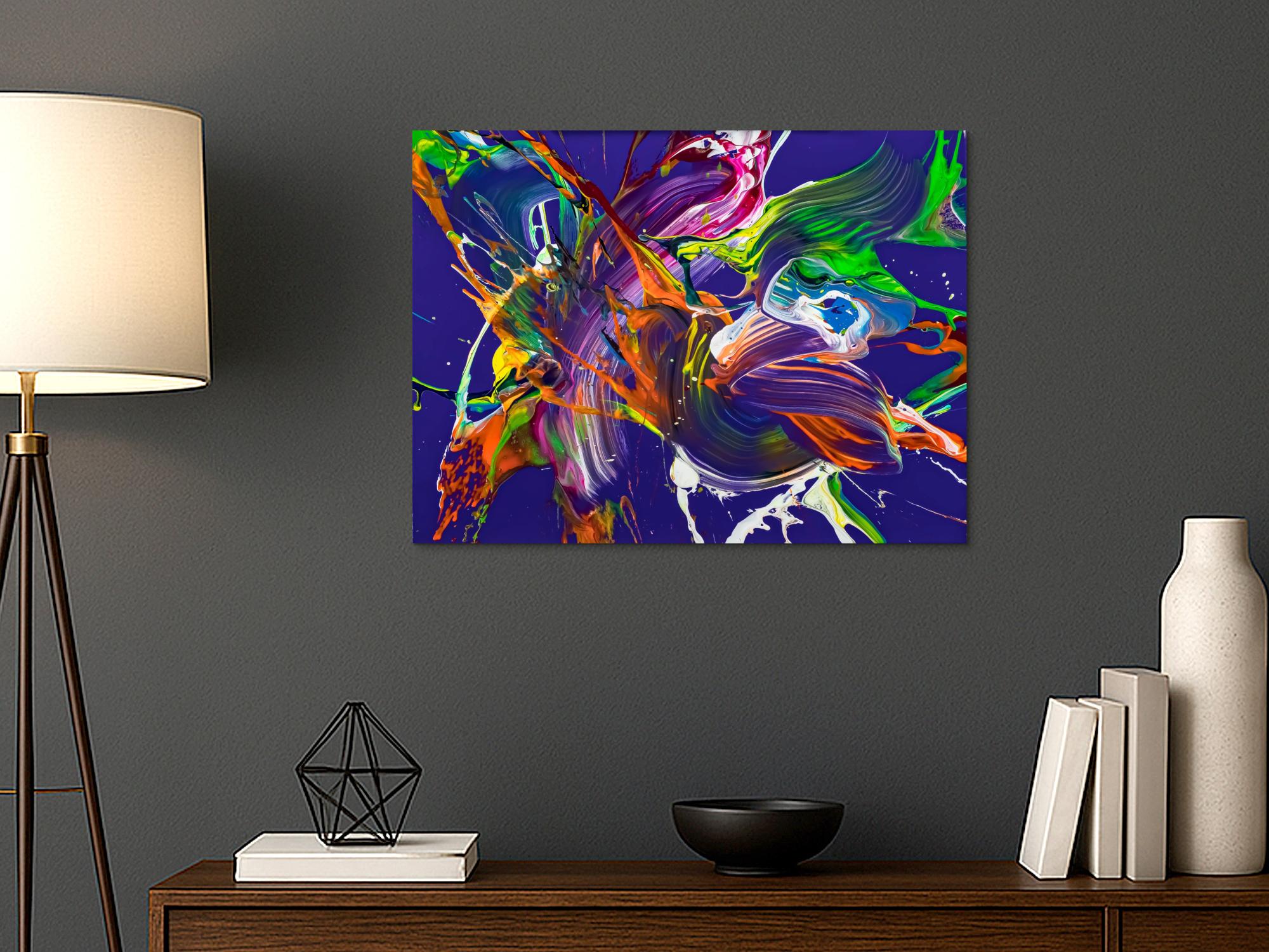 Abstraktes Original Gemälde 60x80cm Action Painting expressionistisch handgefertigt Mischtechnik NEON Farben violett bunt orange