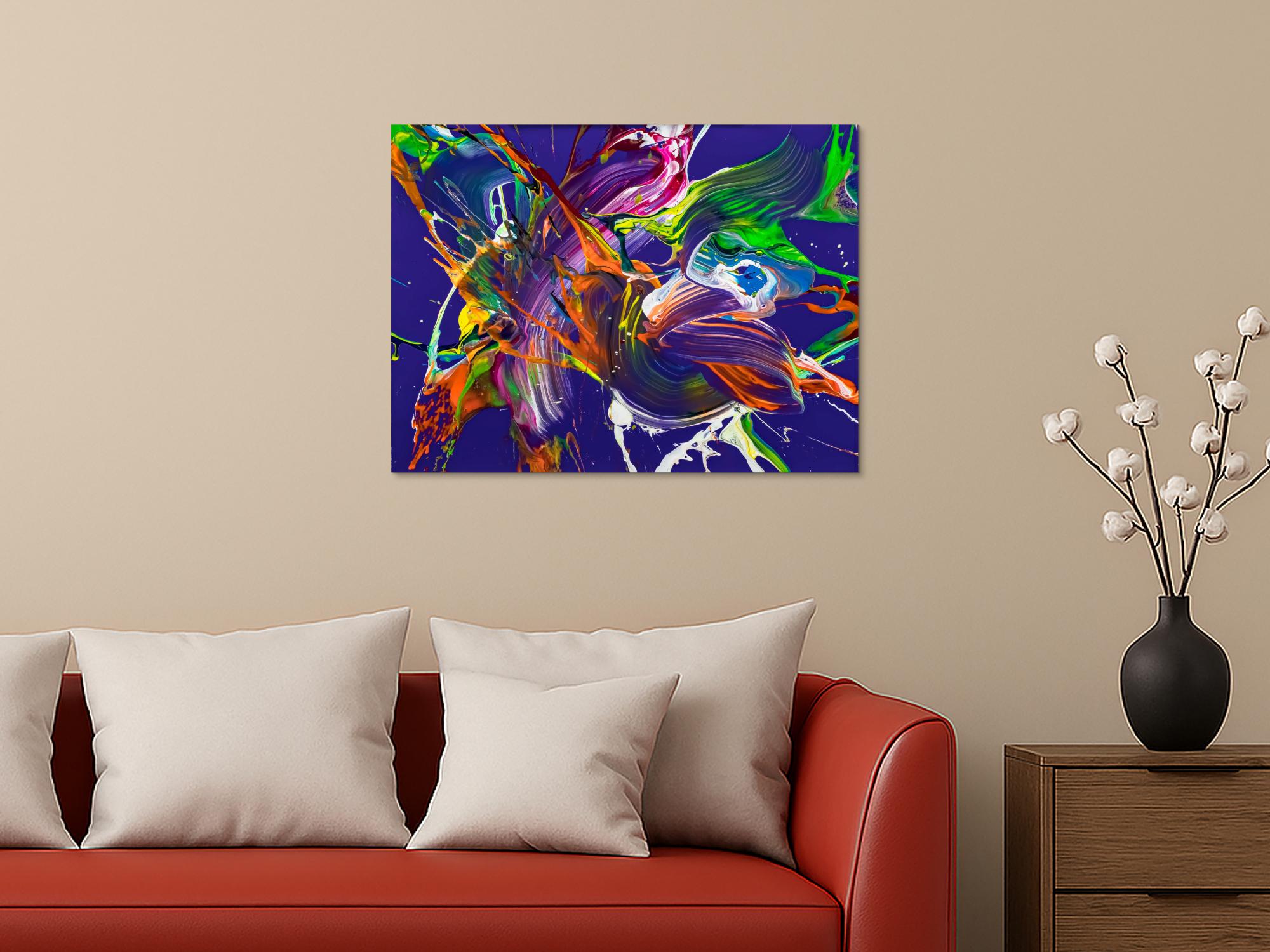 Abstraktes Original Gemälde 60x80cm Action Painting expressionistisch handgefertigt Mischtechnik NEON Farben violett bunt orange