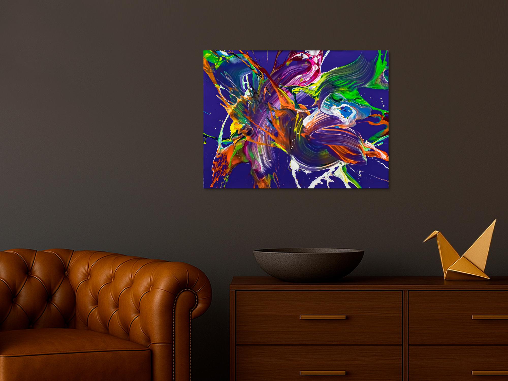 Abstraktes Original Gemälde 60x80cm Action Painting expressionistisch handgefertigt Mischtechnik NEON Farben violett bunt orange