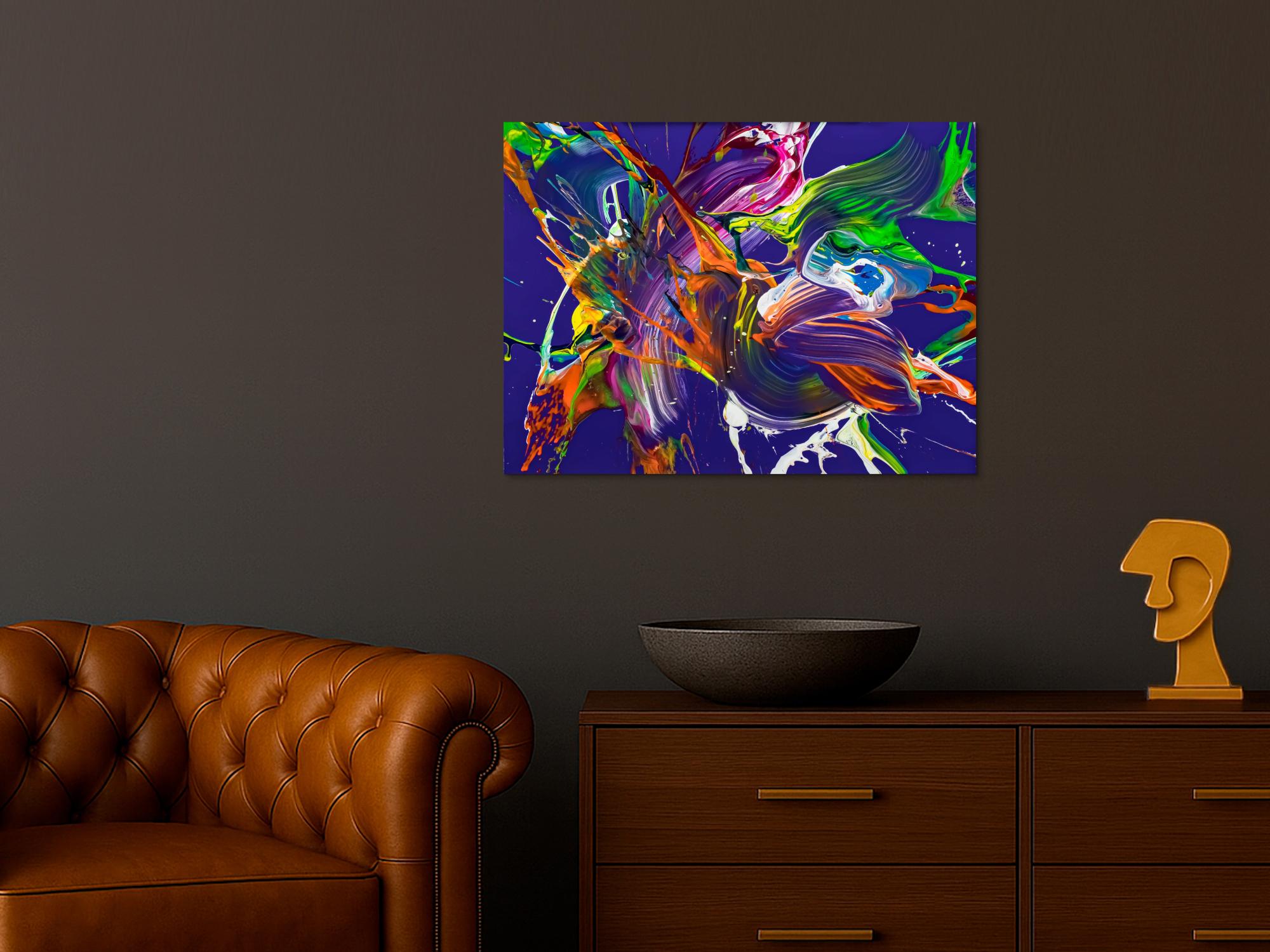 Abstraktes Original Gemälde 60x80cm Action Painting expressionistisch handgefertigt Mischtechnik NEON Farben violett bunt orange