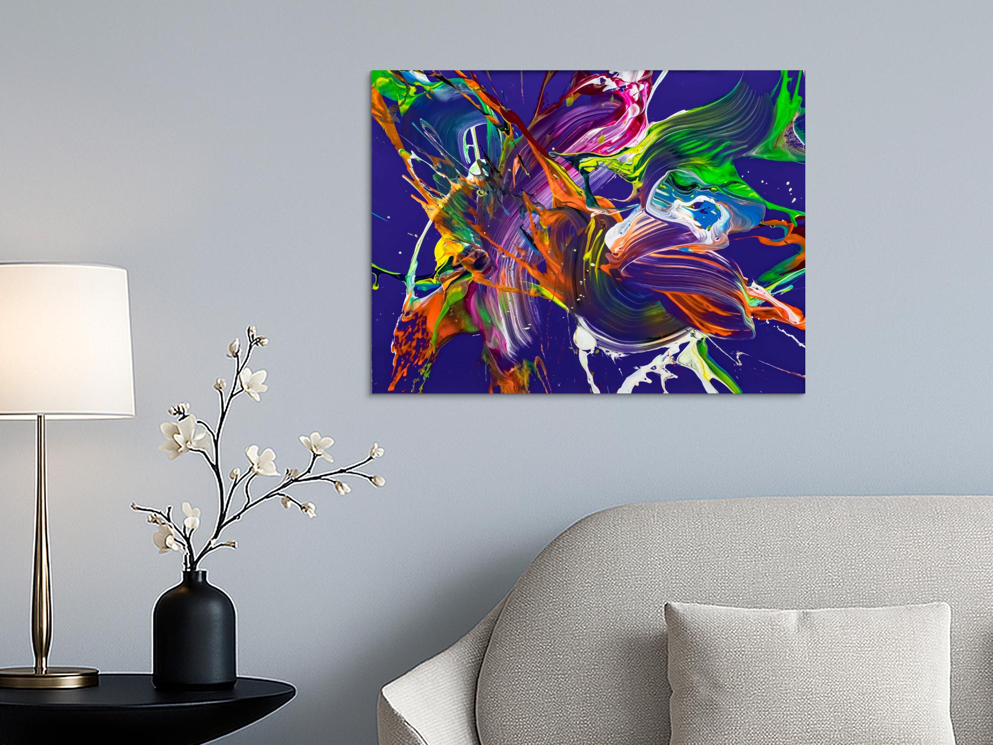 Abstraktes Original Gemälde 60x80cm Action Painting expressionistisch handgefertigt Mischtechnik NEON Farben violett bunt orange