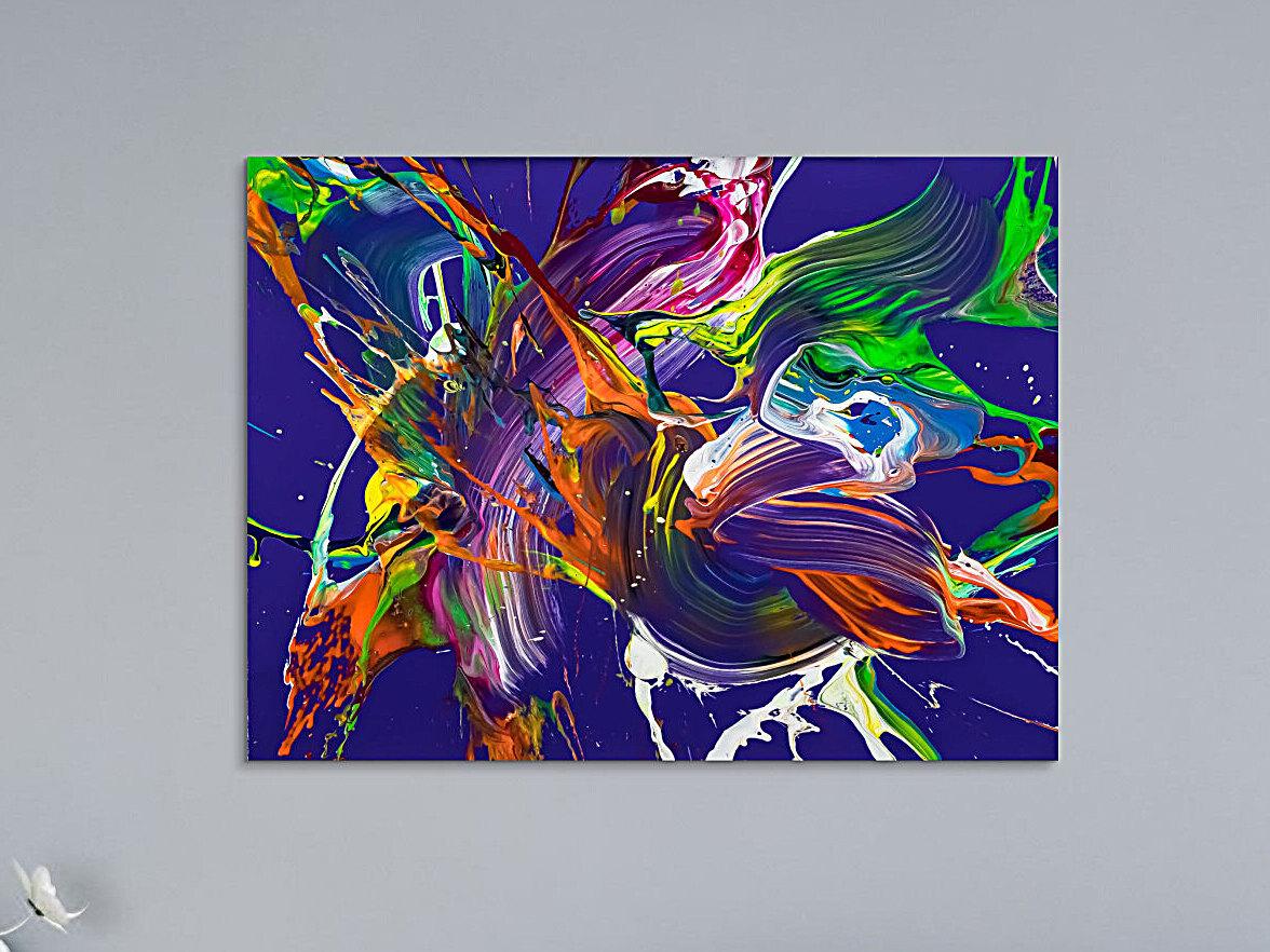 Abstraktes Original Gemälde 60x80cm Action Painting expressionistisch handgefertigt Mischtechnik NEON Farben violett bunt orange
