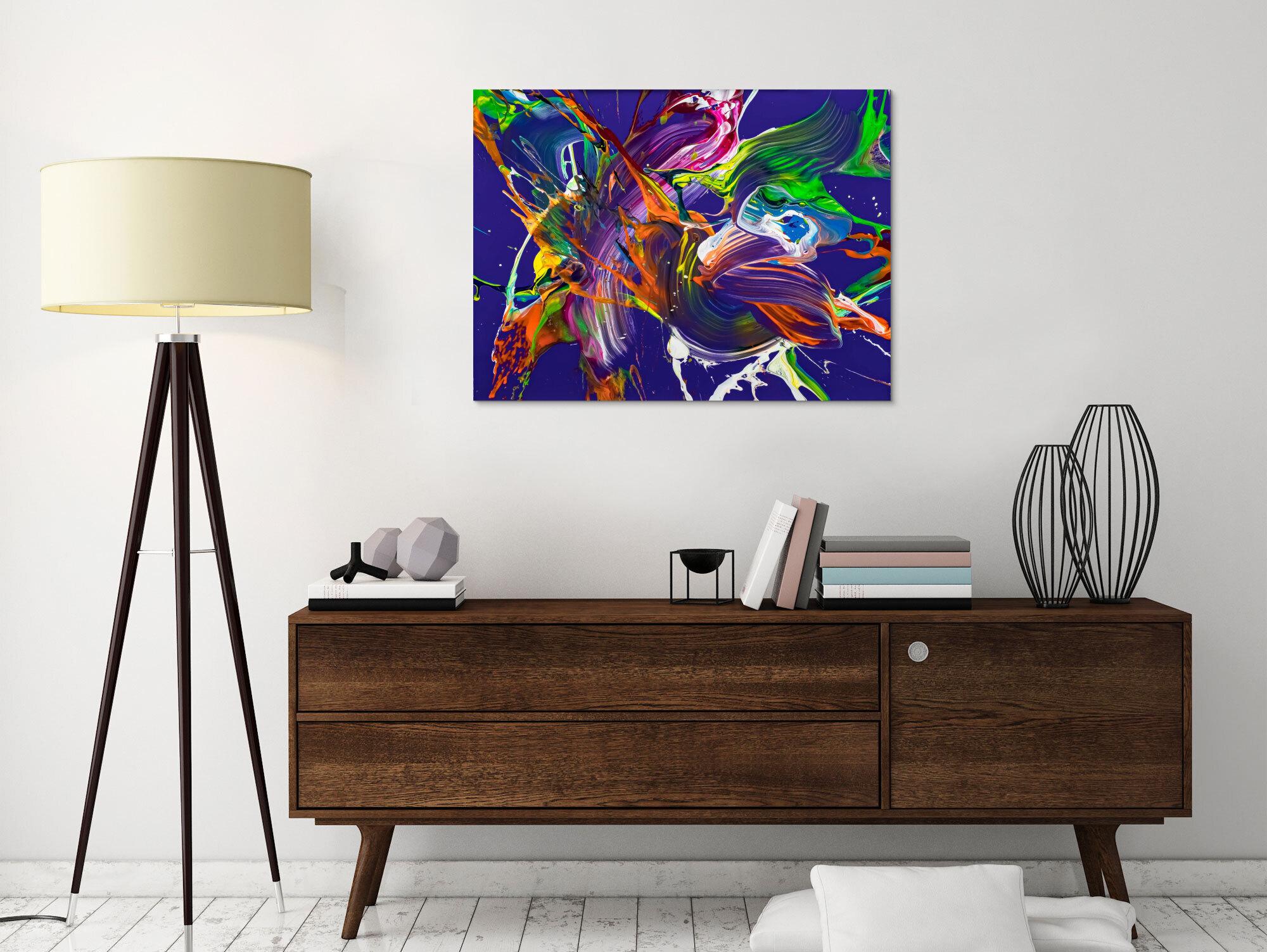 Abstraktes Original Gemälde 60x80cm Action Painting expressionistisch handgefertigt Mischtechnik NEON Farben violett bunt orange