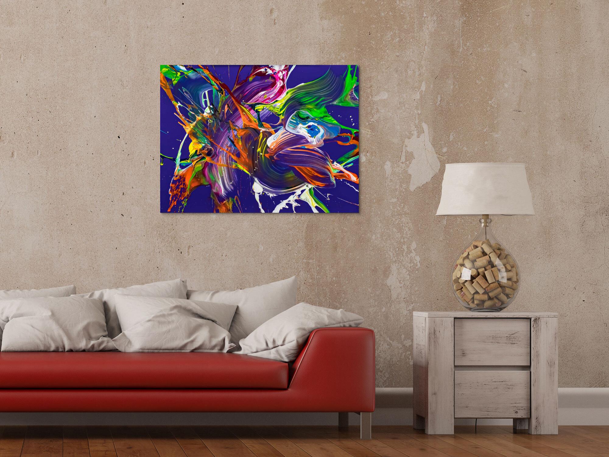 Abstraktes Original Gemälde 60x80cm Action Painting expressionistisch handgefertigt Mischtechnik NEON Farben violett bunt orange
