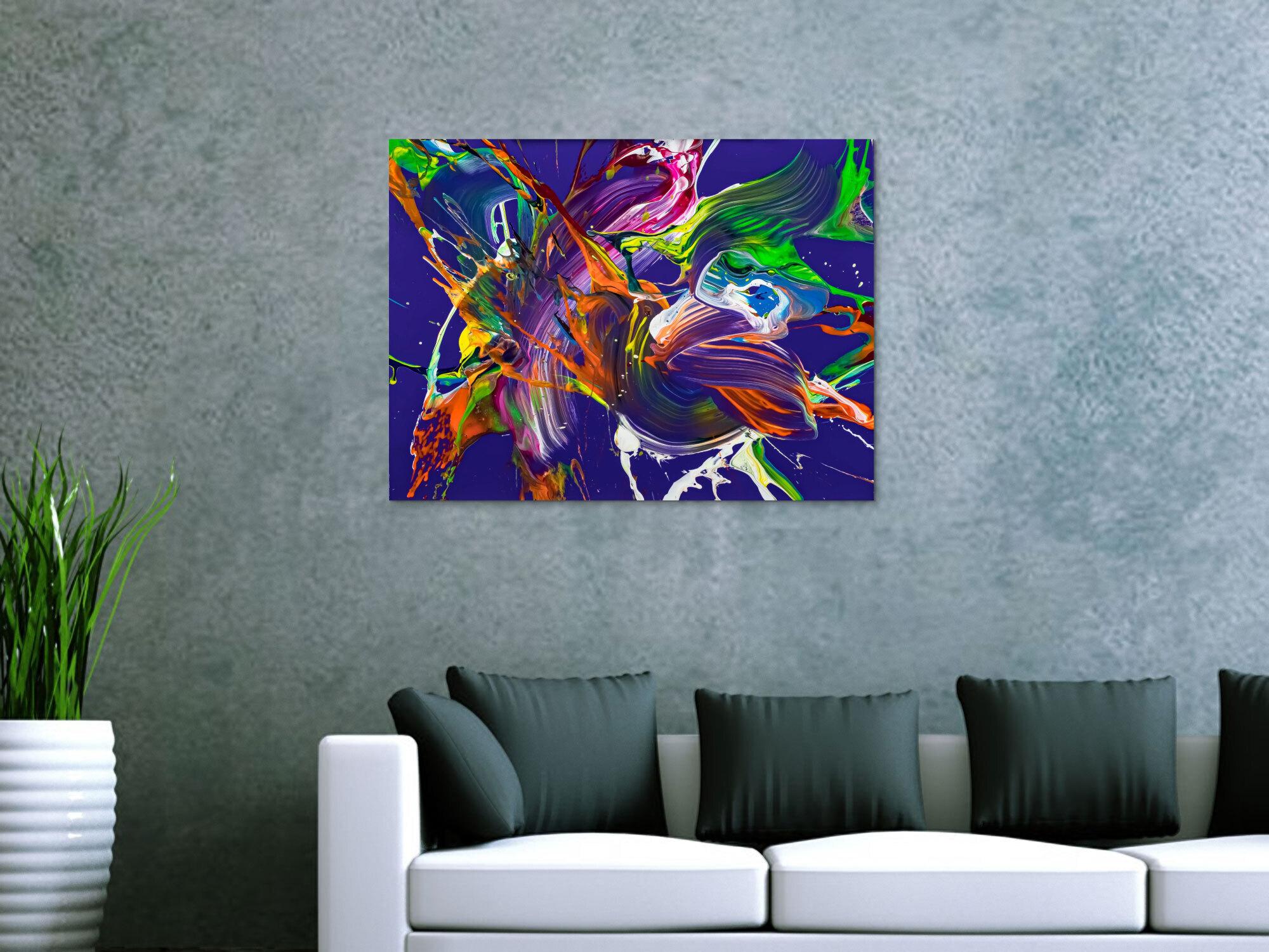 Abstraktes Original Gemälde 60x80cm Action Painting expressionistisch handgefertigt Mischtechnik NEON Farben violett bunt orange