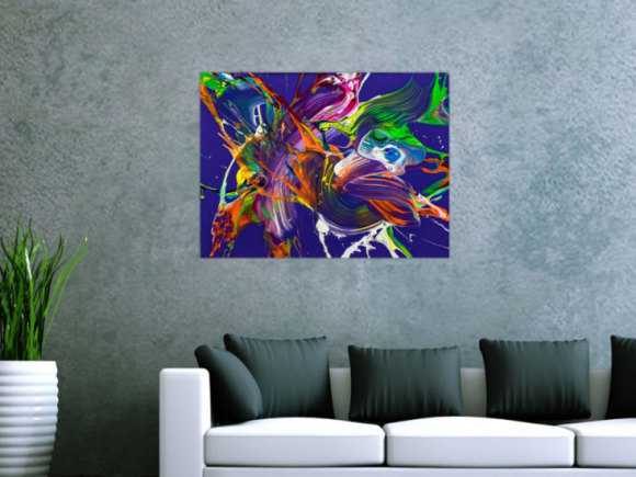 Abstraktes Original Gemälde 60x80cm Action Painting expressionistisch handgefertigt Mischtechnik NEON Farben violett bunt orange