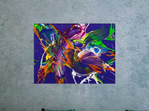 Abstraktes Original Gemälde 60x80cm Action Painting expressionistisch handgefertigt Mischtechnik NEON Farben violett bunt orange