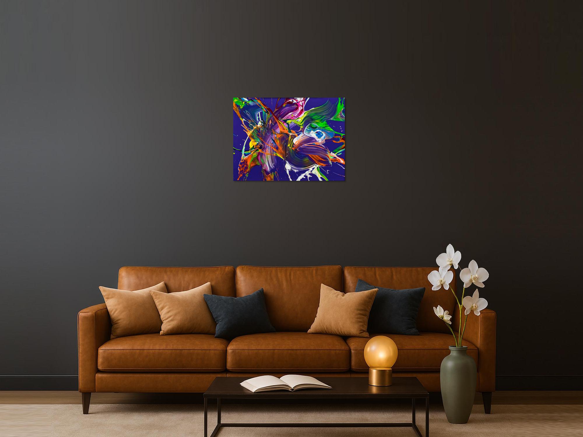 Abstraktes Original Gemälde 60x80cm Action Painting expressionistisch handgefertigt Mischtechnik NEON Farben violett bunt orange