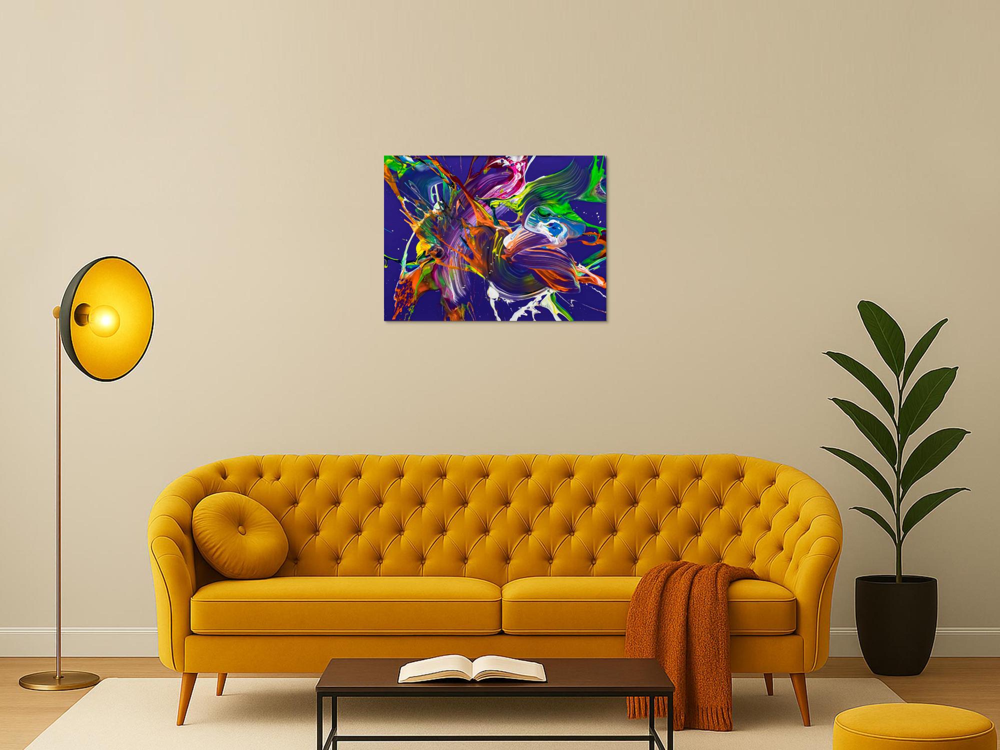 Abstraktes Original Gemälde 60x80cm Action Painting expressionistisch handgefertigt Mischtechnik NEON Farben violett bunt orange