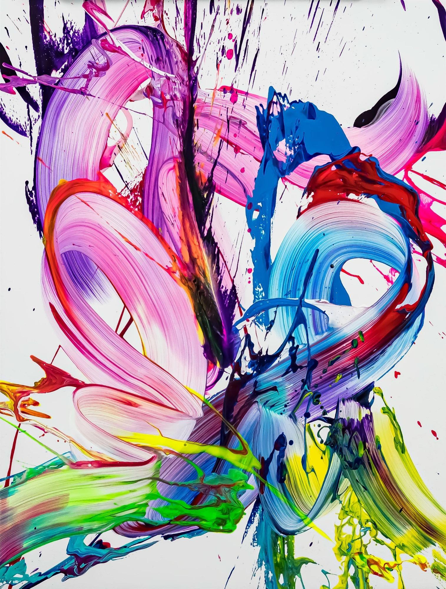 Gemälde Original abstrakt 80x60cm Action Painting zeitgenössisch handgefertigt Splash Art weiß rosa pink hochwertig