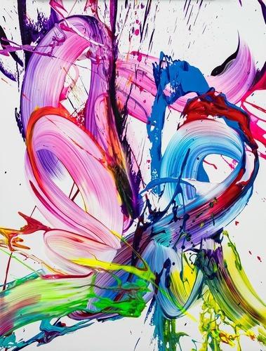 Gemälde Original abstrakt 80x60cm Action Painting zeitgenössisch handgefertigt Splash Art weiß rosa pink hochwertig