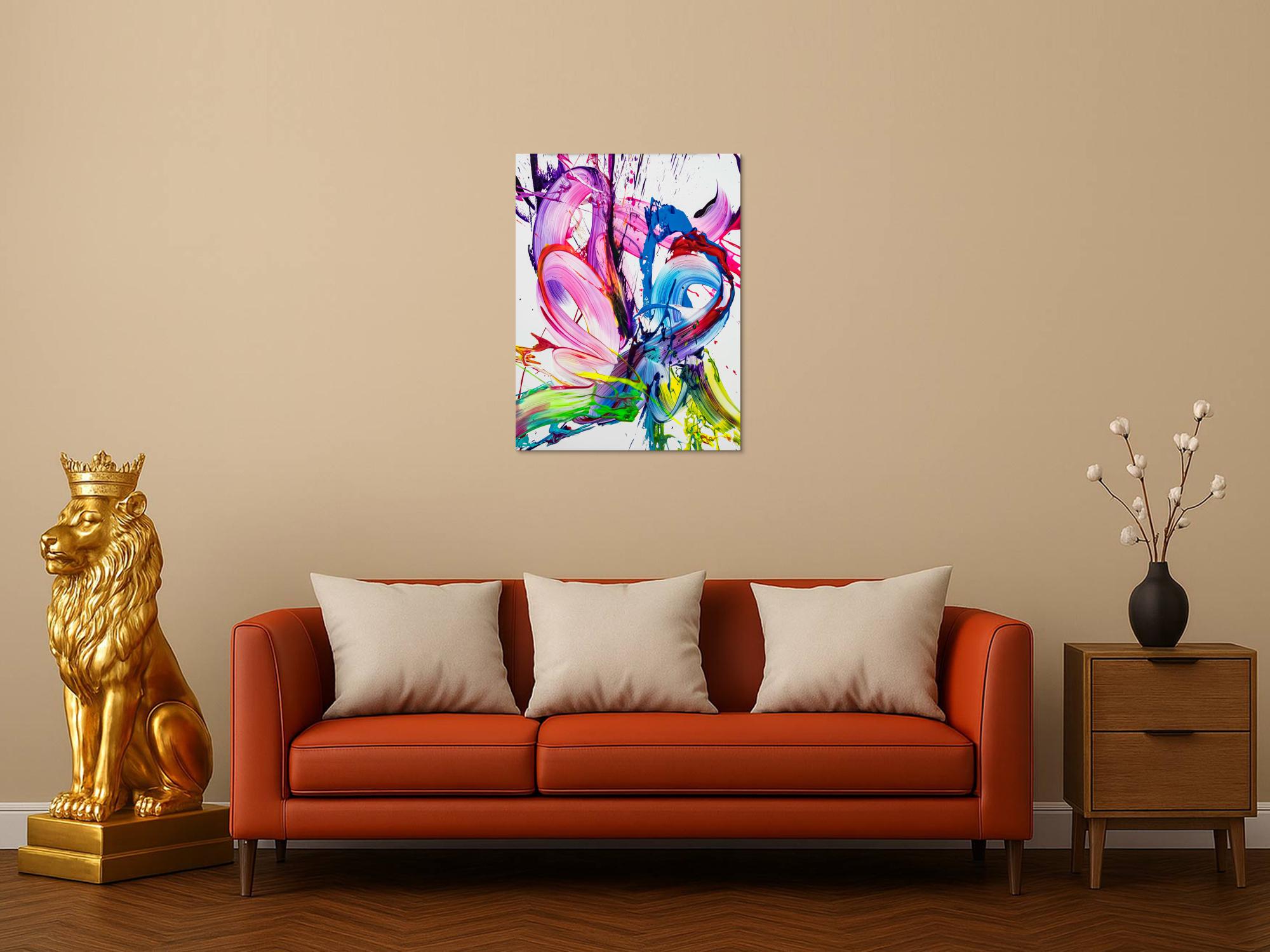 Gemälde Original abstrakt 80x60cm Action Painting zeitgenössisch handgefertigt Splash Art weiß rosa pink hochwertig