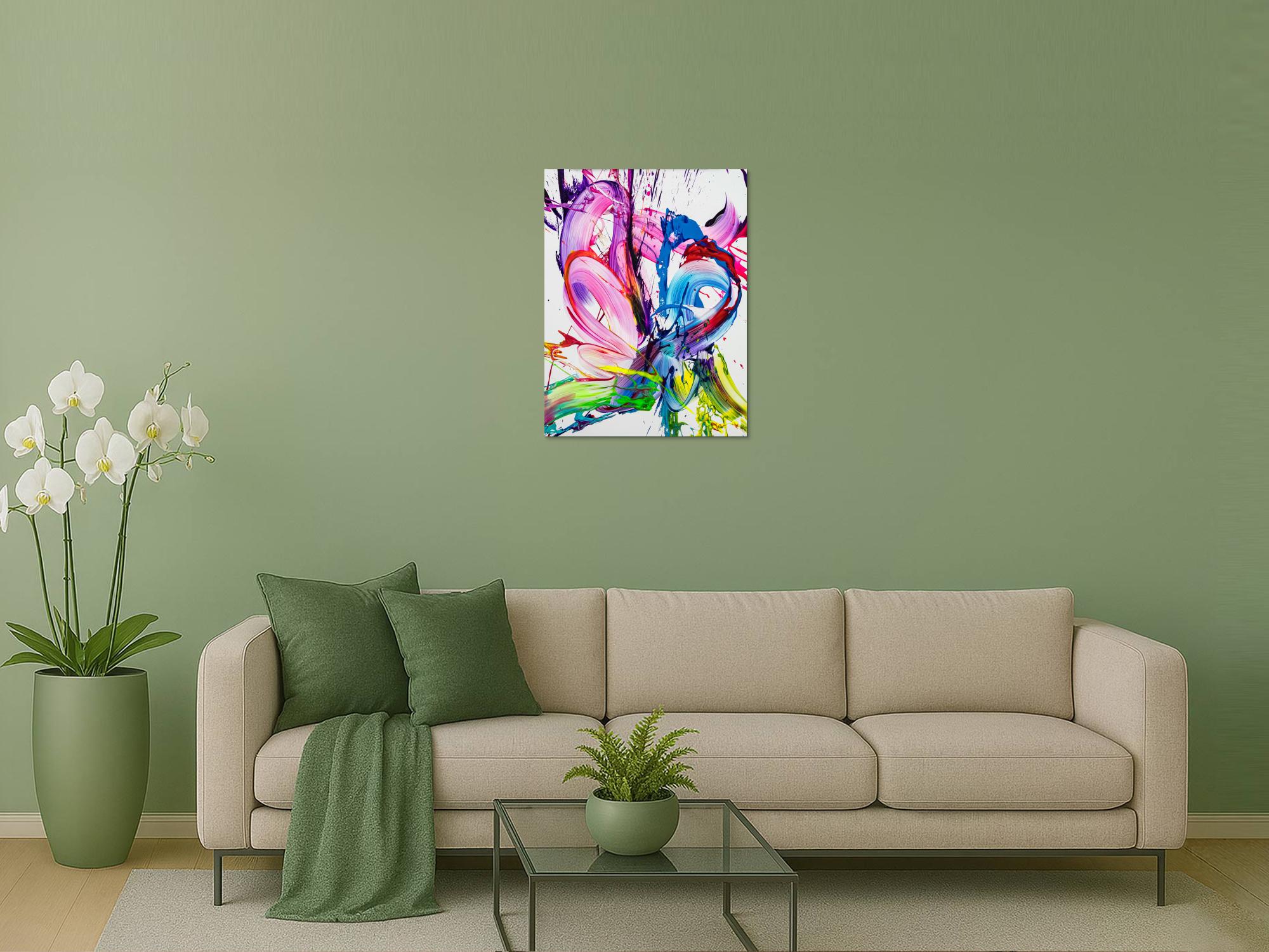 Gemälde Original abstrakt 80x60cm Action Painting zeitgenössisch handgefertigt Splash Art weiß rosa pink hochwertig