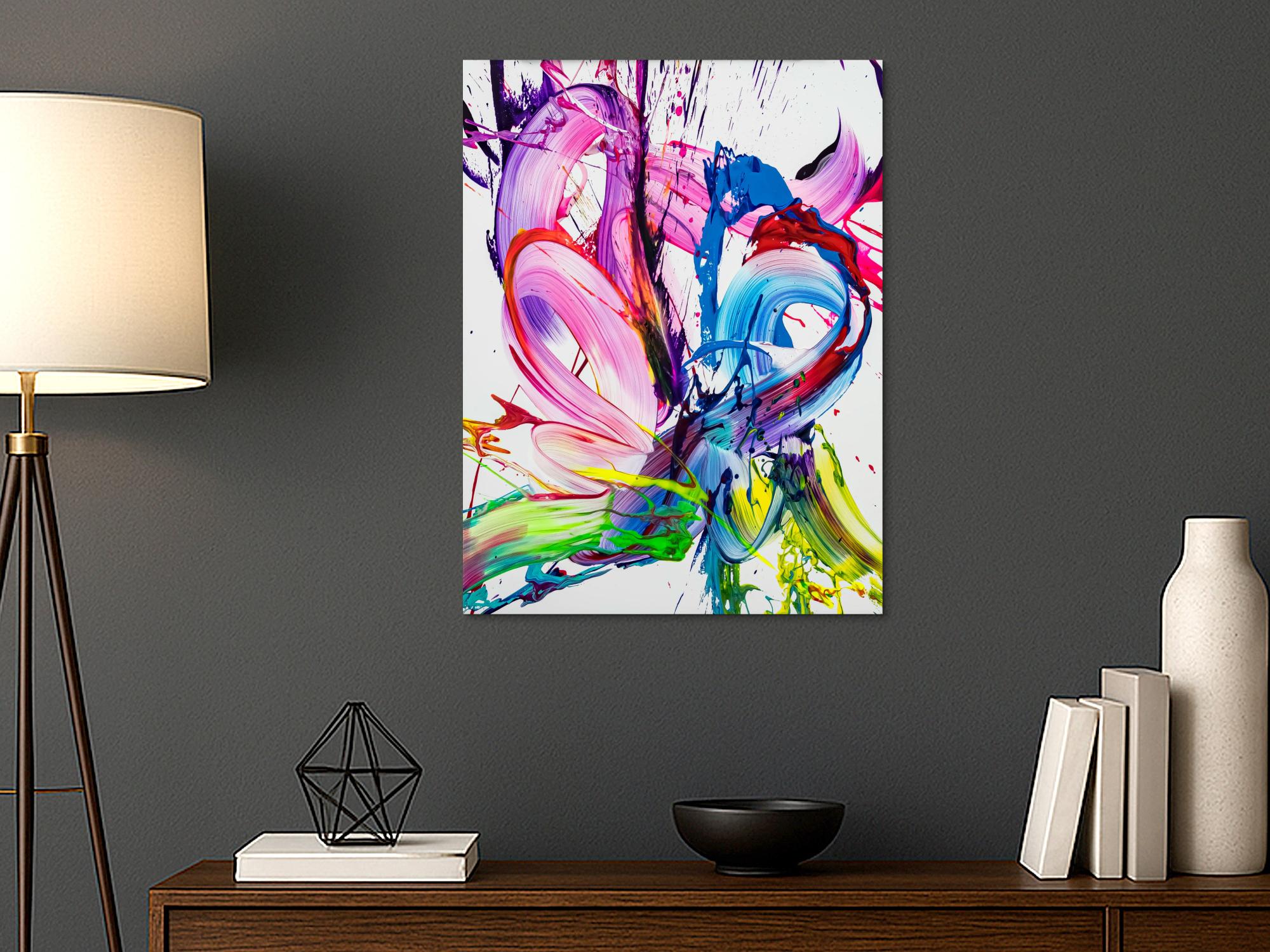 Gemälde Original abstrakt 80x60cm Action Painting zeitgenössisch handgefertigt Splash Art weiß rosa pink hochwertig