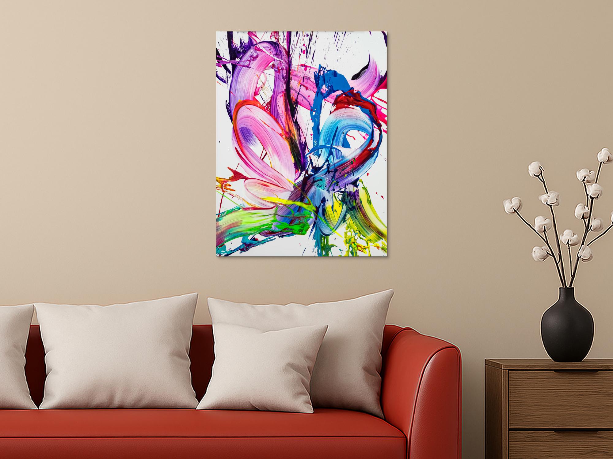 Gemälde Original abstrakt 80x60cm Action Painting zeitgenössisch handgefertigt Splash Art weiß rosa pink hochwertig