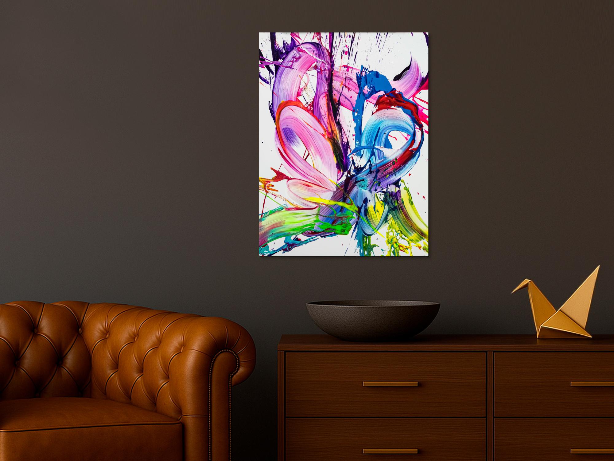 Gemälde Original abstrakt 80x60cm Action Painting zeitgenössisch handgefertigt Splash Art weiß rosa pink hochwertig