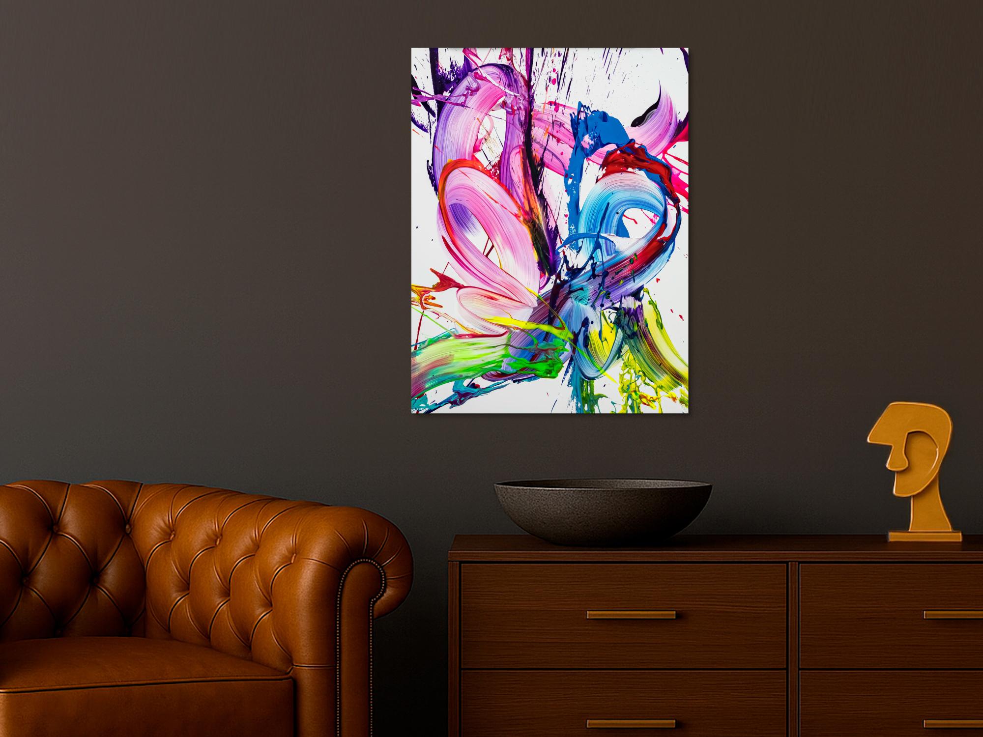 Gemälde Original abstrakt 80x60cm Action Painting zeitgenössisch handgefertigt Splash Art weiß rosa pink hochwertig