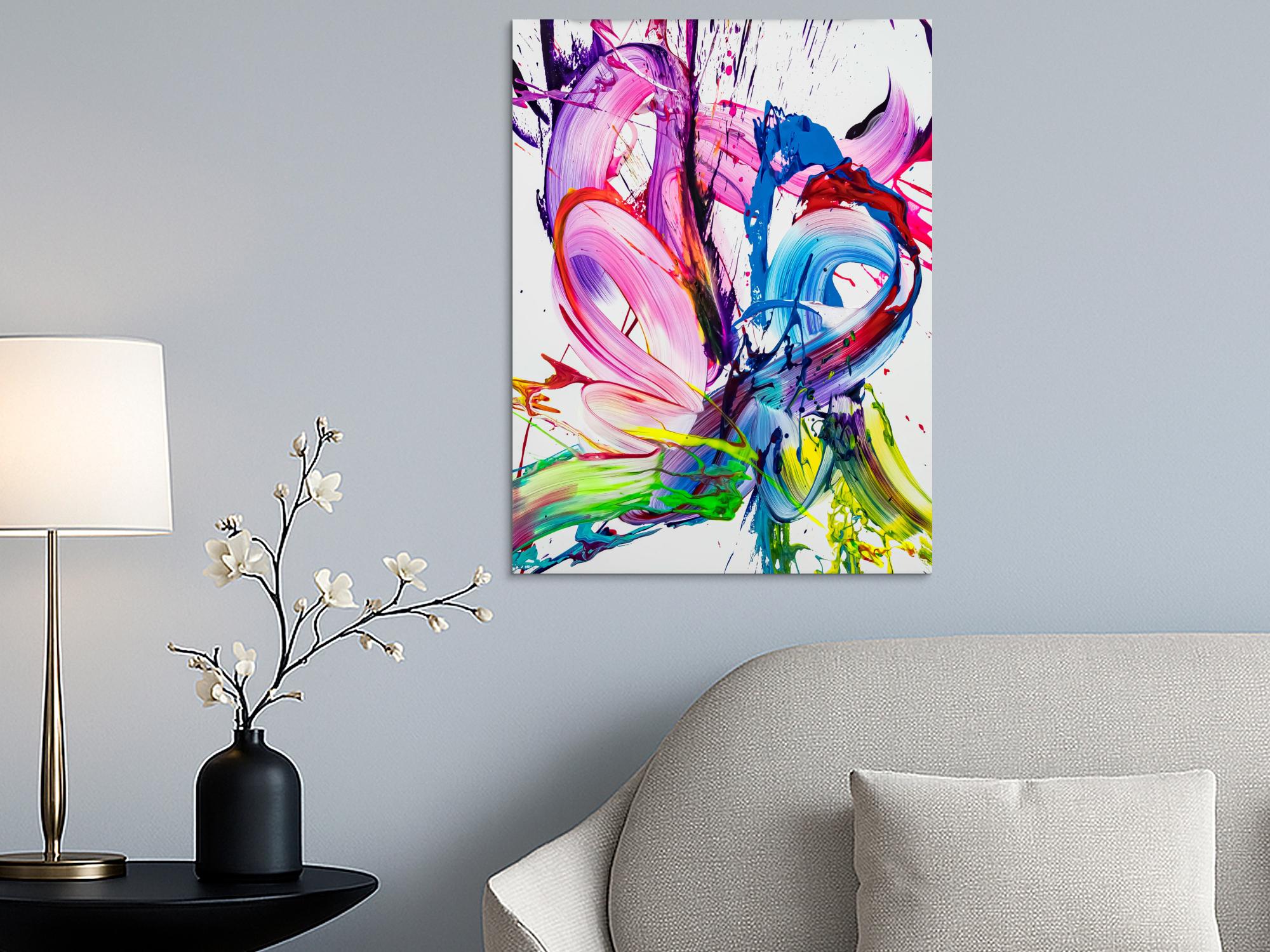 Gemälde Original abstrakt 80x60cm Action Painting zeitgenössisch handgefertigt Splash Art weiß rosa pink hochwertig