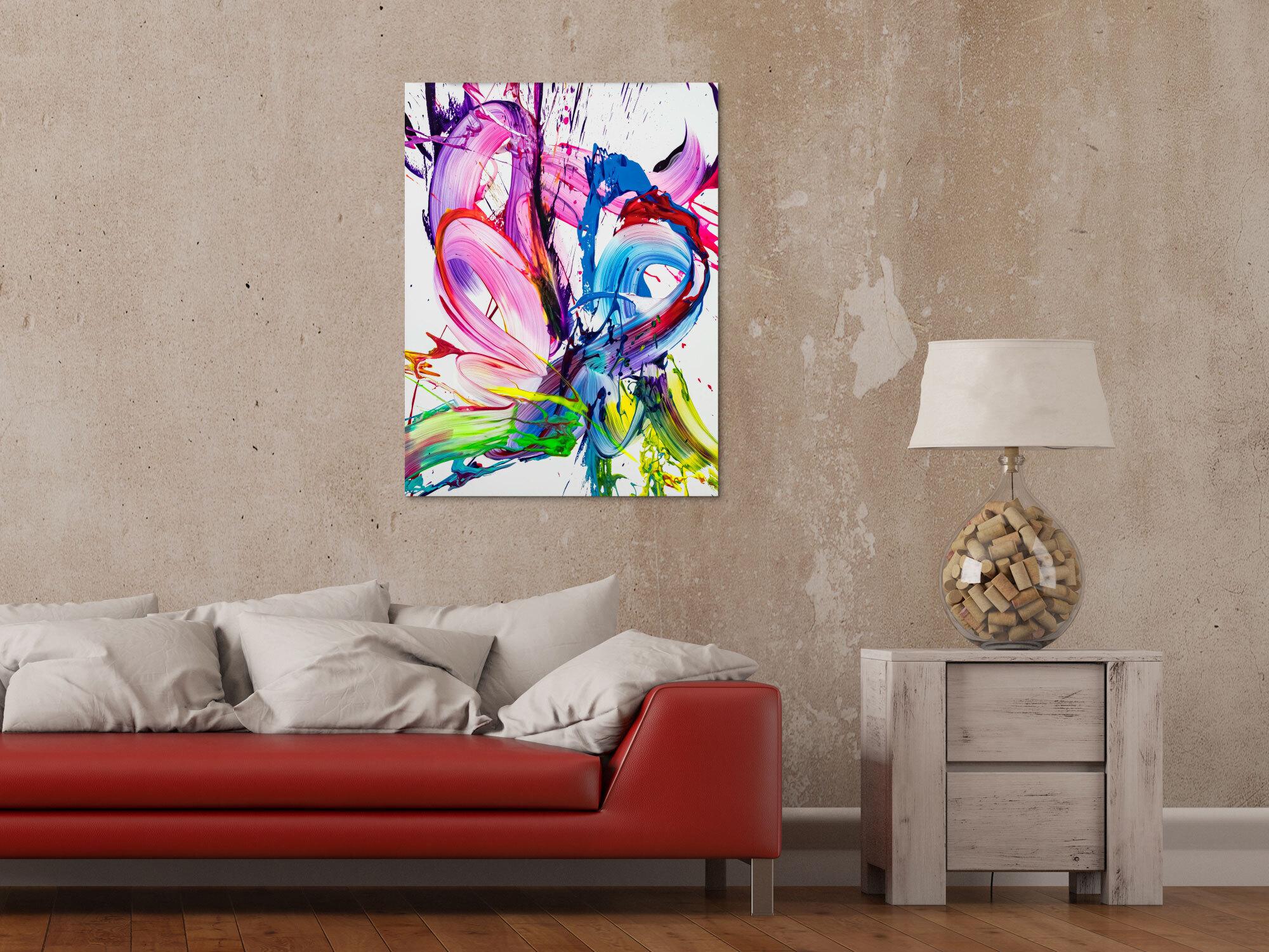 Gemälde Original abstrakt 80x60cm Action Painting zeitgenössisch handgefertigt Splash Art weiß rosa pink hochwertig