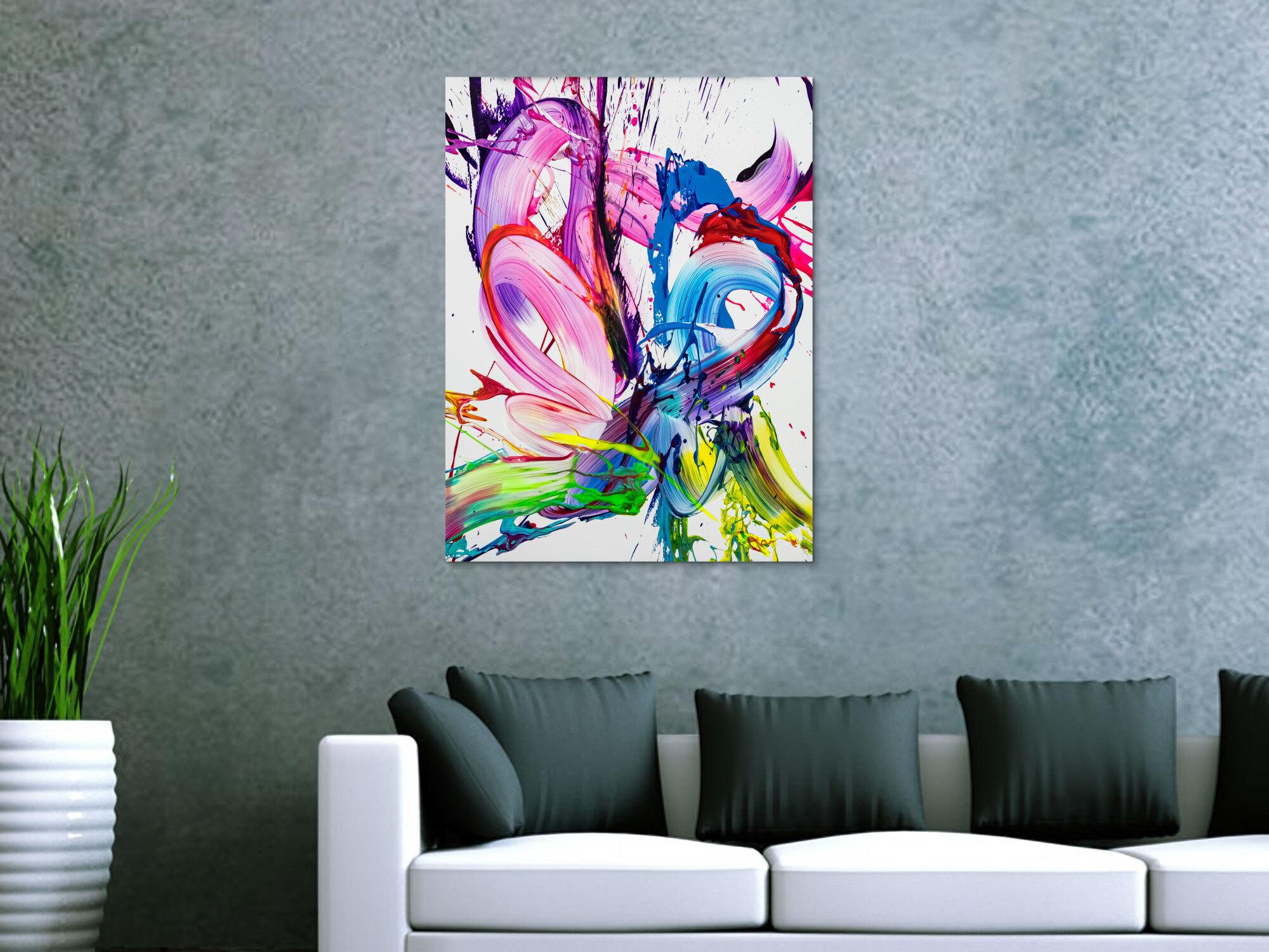 Gemälde Original abstrakt 80x60cm Action Painting zeitgenössisch handgefertigt Splash Art weiß rosa pink hochwertig