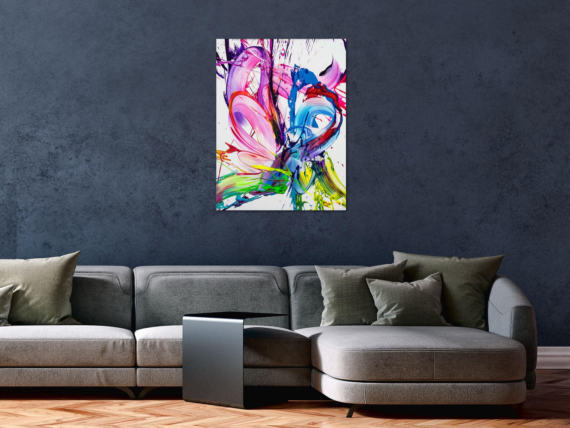 Gemälde Original abstrakt 80x60cm Action Painting zeitgenössisch handgefertigt Splash Art weiß rosa pink hochwertig