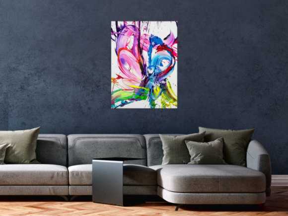 Gemälde Original abstrakt 80x60cm Action Painting zeitgenössisch handgefertigt Splash Art weiß rosa pink hochwertig