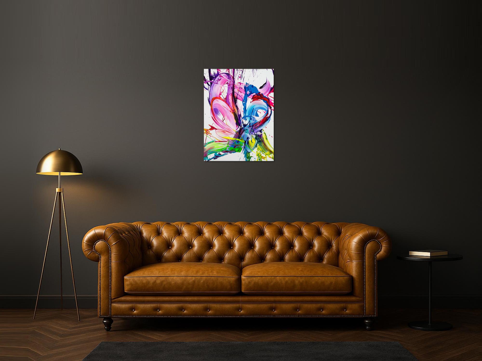 Gemälde Original abstrakt 80x60cm Action Painting zeitgenössisch handgefertigt Splash Art weiß rosa pink hochwertig