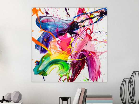 Gemälde Original abstrakt 80x80cm Action Painting Modern Art auf Leinwand Splash Art weiß rosa pink Unikat