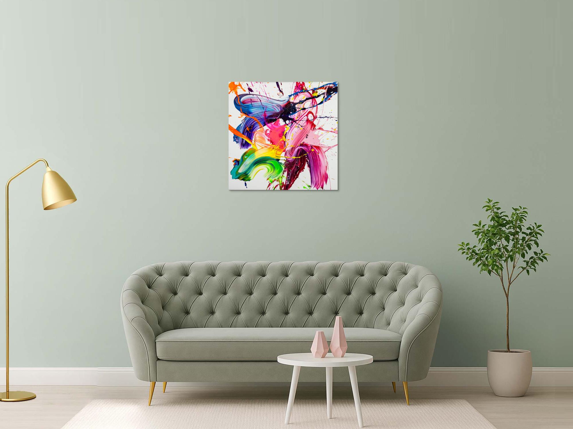 Gemälde Original abstrakt 80x80cm Action Painting Modern Art auf Leinwand Splash Art weiß rosa pink Unikat