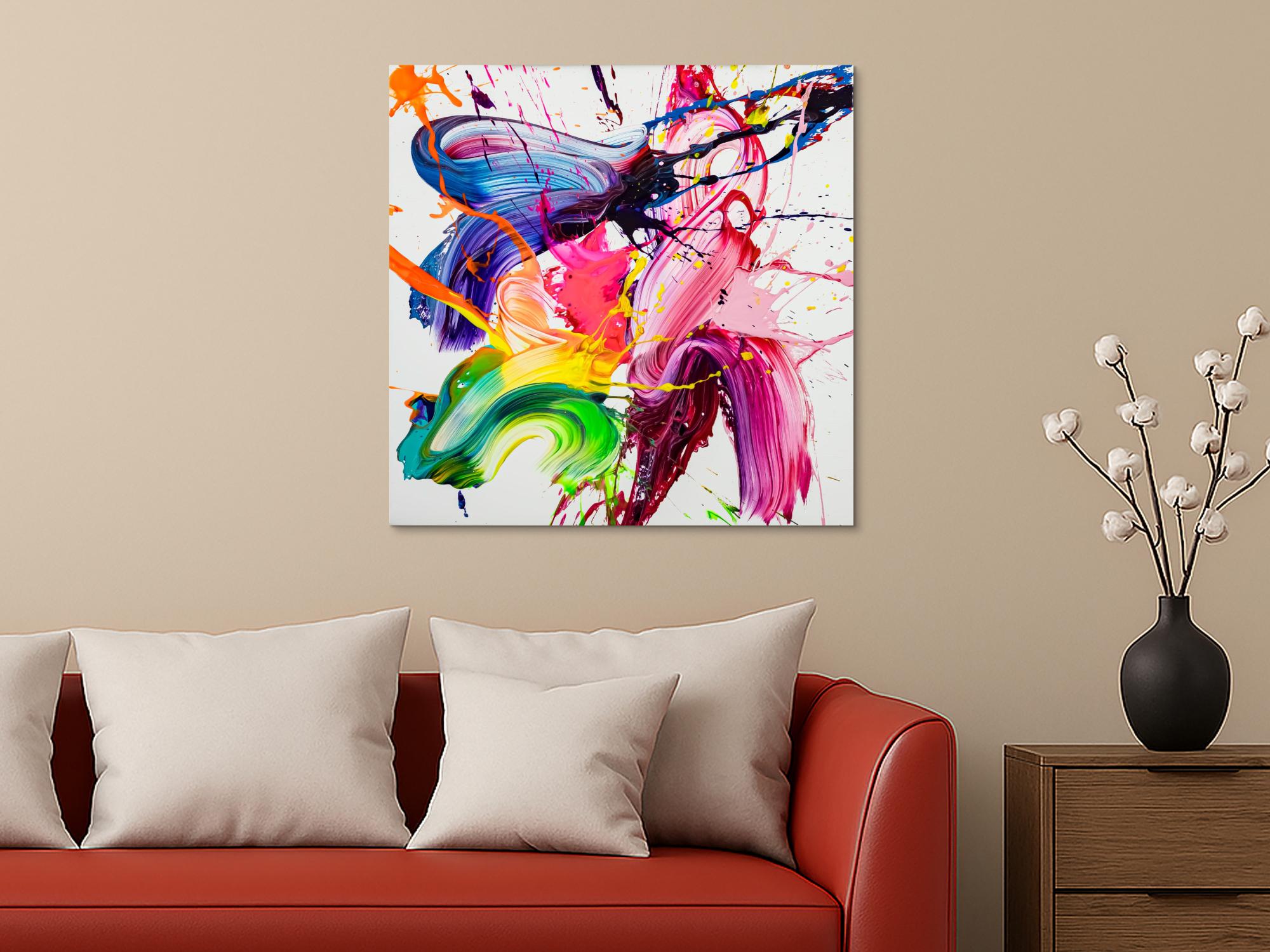 Gemälde Original abstrakt 80x80cm Action Painting Modern Art auf Leinwand Splash Art weiß rosa pink Unikat