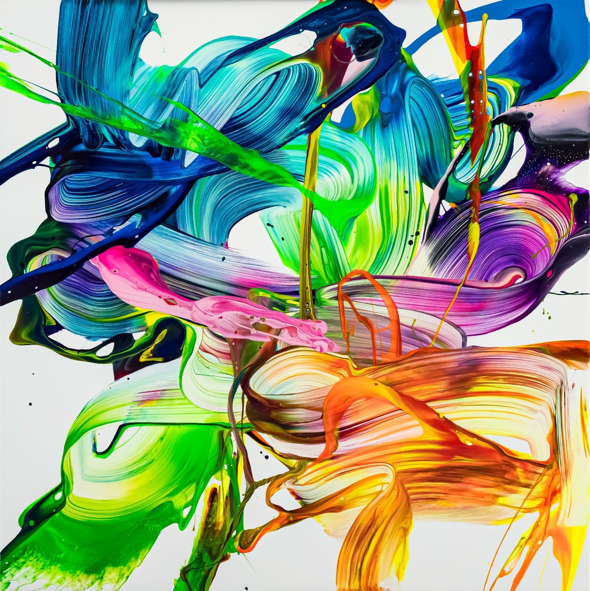 Abstraktes Original Gemälde 80x80cm Action Painting auf Leinwand Mischtechnik Neon Farben weiß bunt hellgrün einzigartig